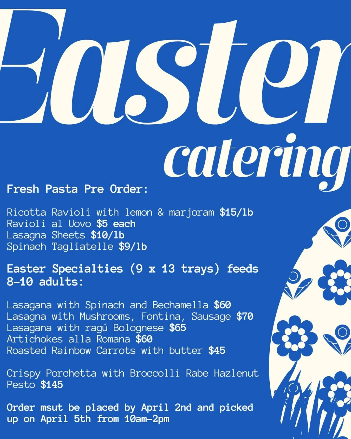Get your orders in. We have plenty of delicious catering options for the Holiday on-top of what we already offer. Place your orders via email info@dpnbpastashop.com