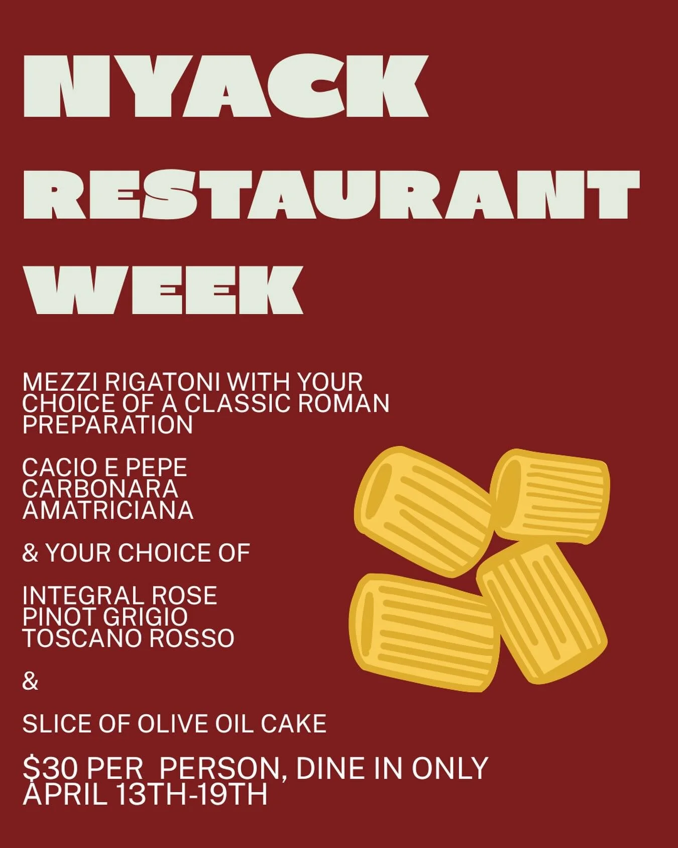 Off to Rome for Nyack&rsquo;s restaurant week. Three iconic mezzi rigatoni dishes, dine-in only. See you this week! 
.
.
.
#nyack #rigatoni #pasta #nyackrestaurantweek2026