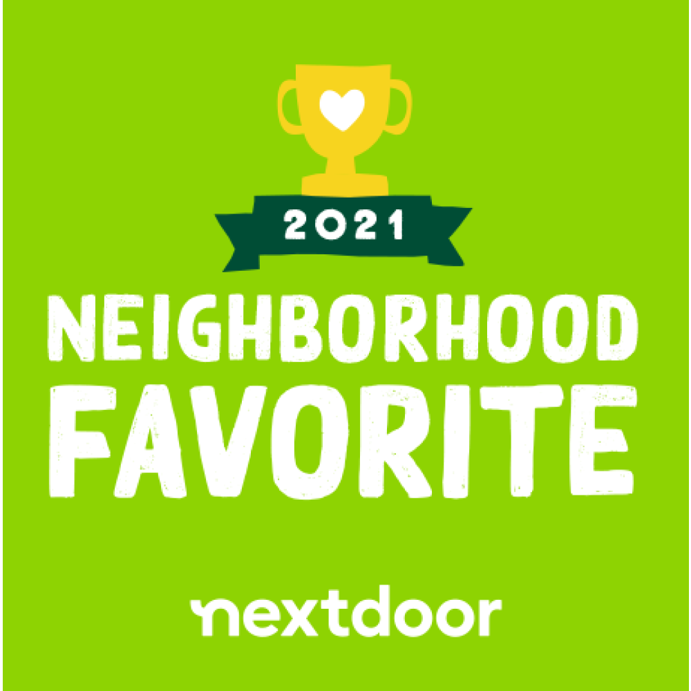 Green background plaque with a gold trophy featuring a white heart, the text '2021 Neighborhood Favorite' and the logo 'nextdoor' at the bottom.