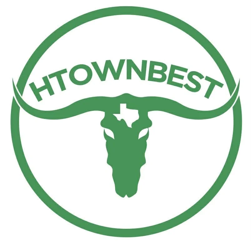 Green circular logo with a longhorn steer skull in the center and the word 'HTOWNBEST' arched above the skull.