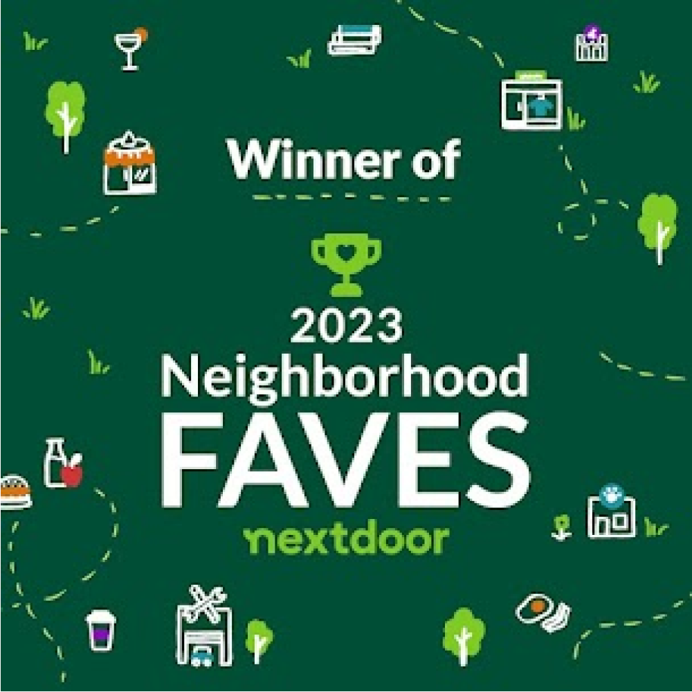 A green illustration featuring a trophy, trees, buildings, and dotted lines, with the text 'Winner of 2023 Neighborhood FAVES nextdoor'.