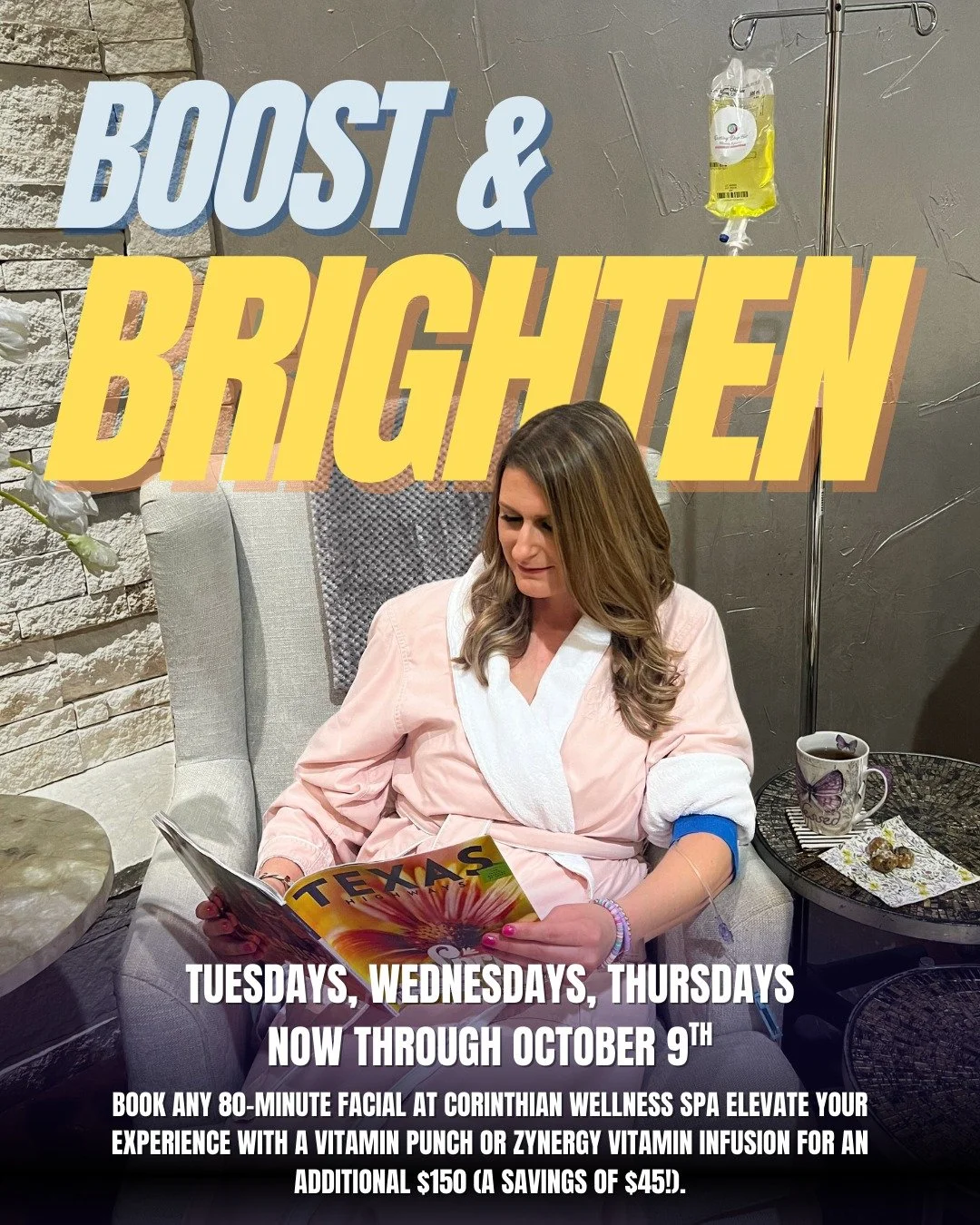 🌿 Limited Time Offering: Weekday Wellness Specials 🌿
✨ Facial + Vitamin Boost
Book any 80-minute facial at Corinthian Wellness Spa and elevate your experience with a Vitamin Punch or Zynergy vitamin infusion for an additional $150 (a savings of $4