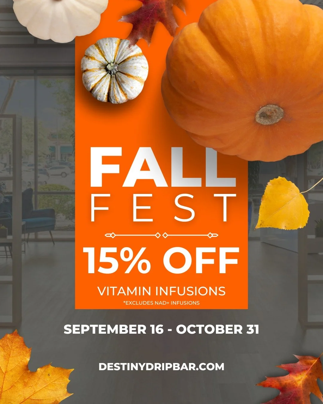 Pumpkin spice and everything nice, but what about your immune system? 🤧
As the seasons change, give your body the boost it needs. Prepare for cold and flu season with 15% off vitamin infusions. Your future self will thank you!
Book your next appoint