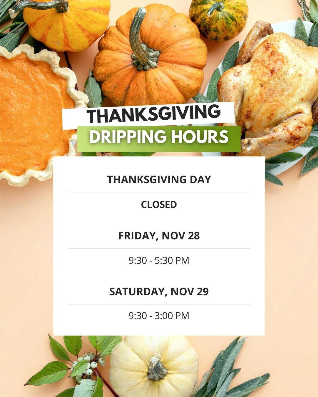 Thanksgiving Dripping Hours 🦃
Your holiday hydration game is up to you on Thursday! We're closed, but back to full-service, regular hours on Friday &amp; Saturday to combat any turkey tryptophan fatigue. Book your spot! destinydripbar.com
