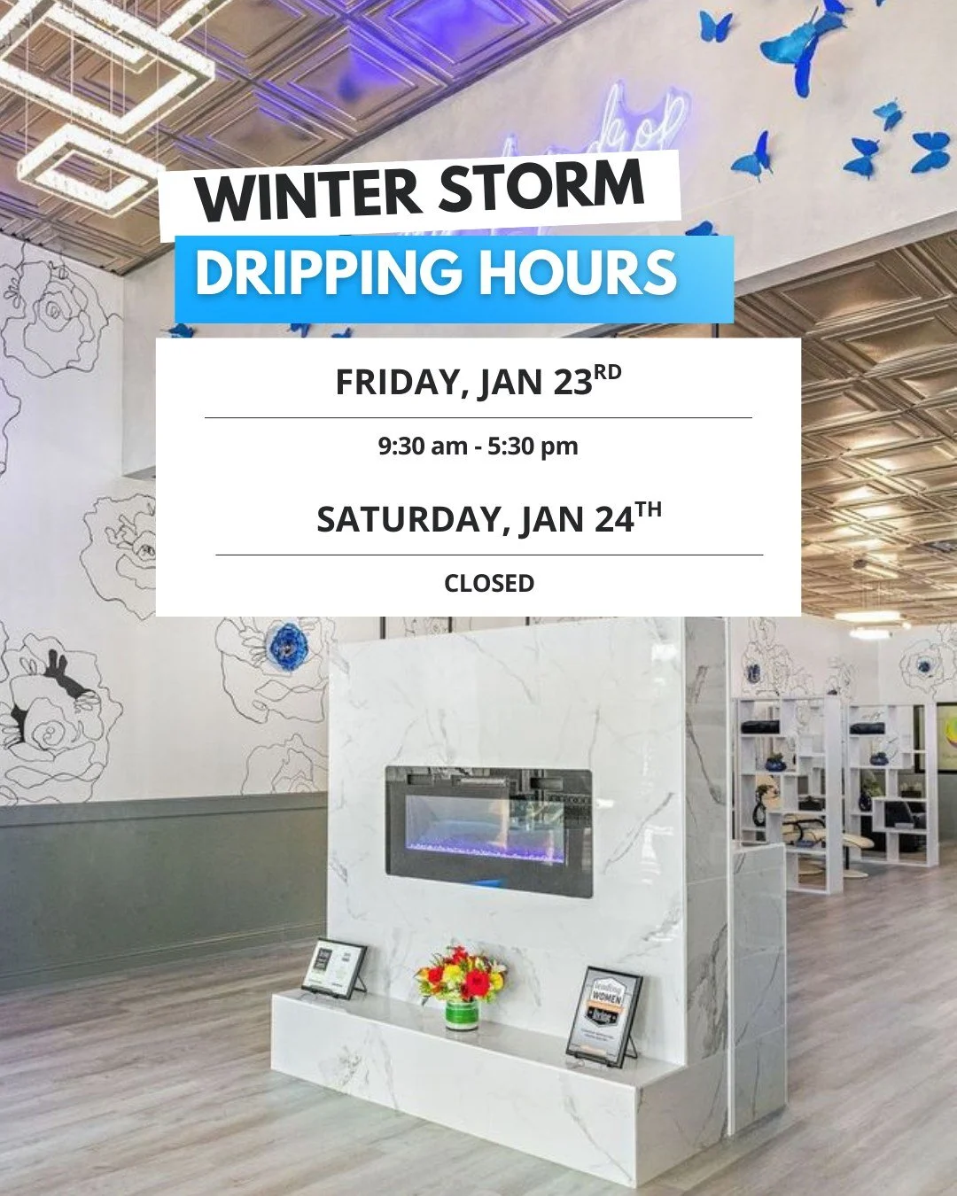 ❄️ Winter Weather Update ❄️
The safety of our team and guests is our #1 priority! Due to the incoming winter storm, we are adjusting our schedule for the next two days:

🗓️ Friday, Jan 23rd: OPEN (Normal Operating Hours) 
🗓️ Saturday, Jan 24th: CLO