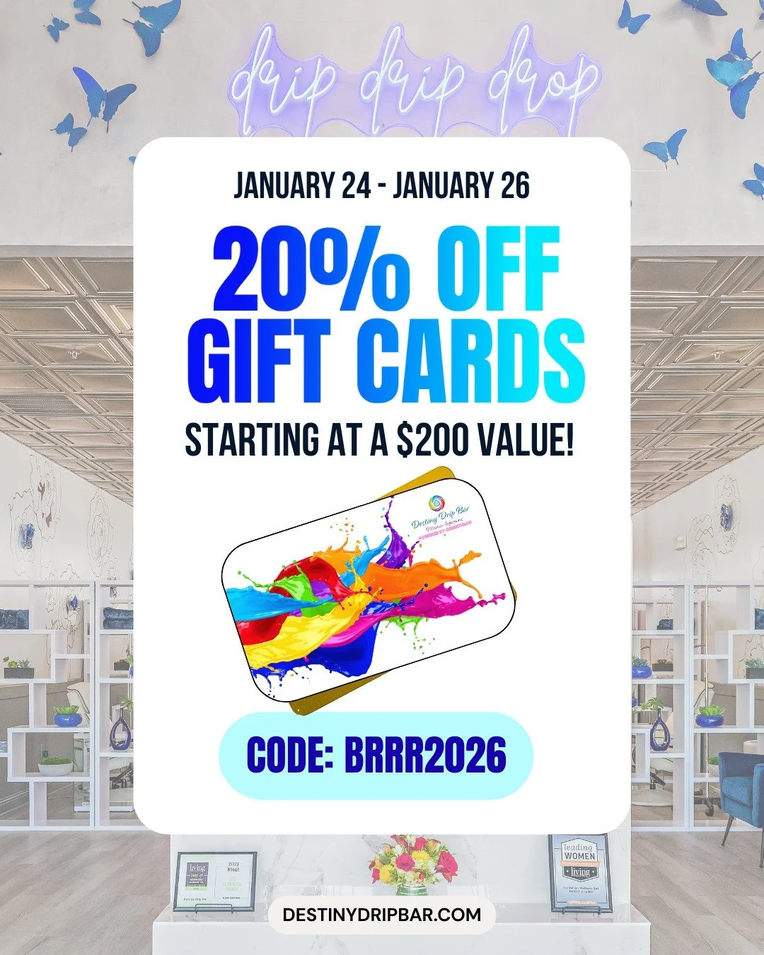 While the winter storm has us all hunkered down under blankets, we wanted to bring a little sunshine and self-care right to your inbox!
Now through Monday, January 26th, save 20% OFF Online Gift Cards starting at a $200 value! 
code: BRRR2026
👩&zwj;