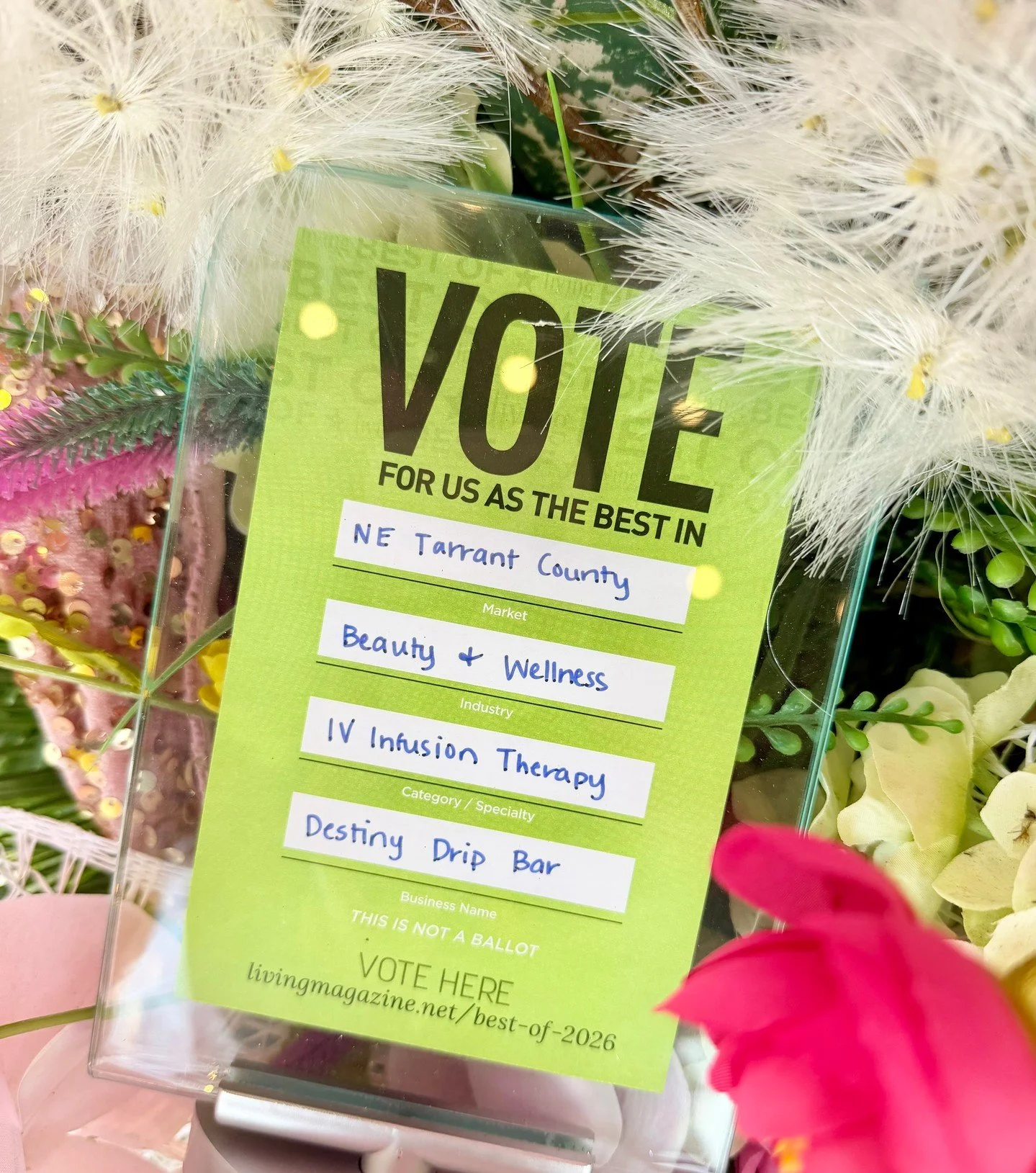 🚨 Voting is LIVE! Help Destiny Drip Bar win "Best IV Infusion Therapy" in @LivingMagazine&rsquo;s Best-Of 2026! 🏆
Cast your vote today: https://livingmagazine.net/best-of-2026 💧✨
📍 Region: NE Tarrant County
💅 Section: Beauty &amp; Well