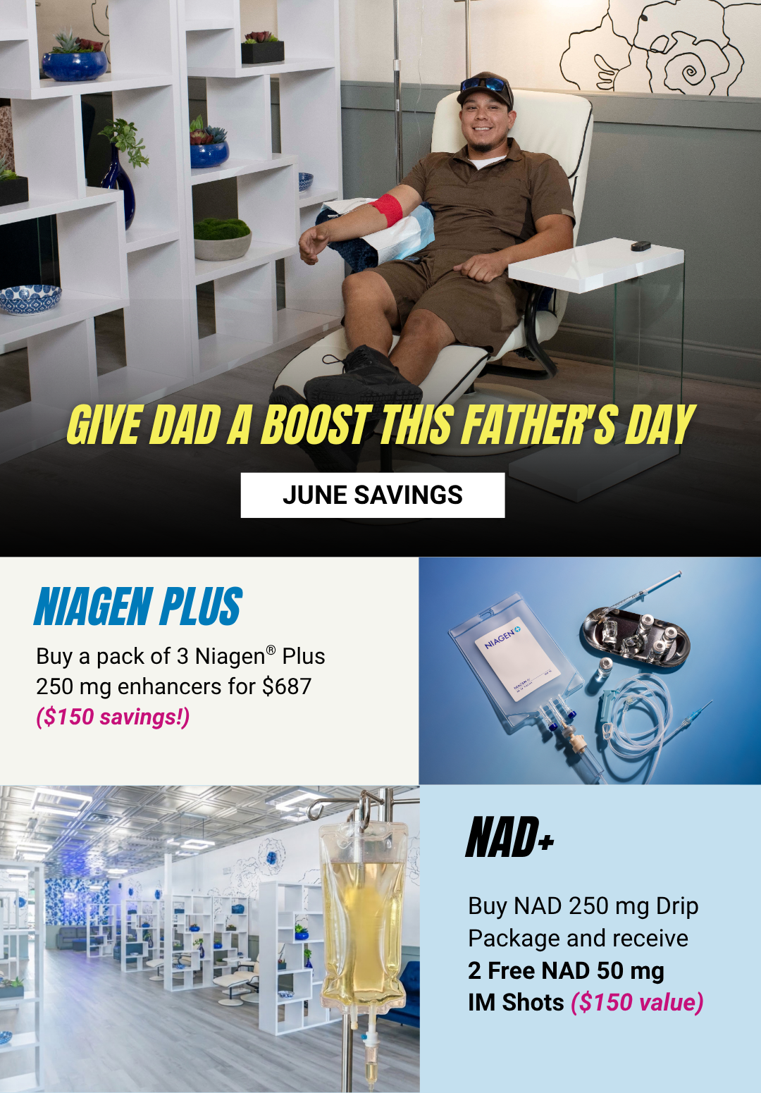 Destiny Drip Bar June 2026 Specials.- Buy a pack of 3 Niagen Plus 250 mg enhancers for $687 ($150 savings!) Buy NAD 250 mg Drip Package and receive 2 FREE NAD 50 mg IM Shots ($150 value!)