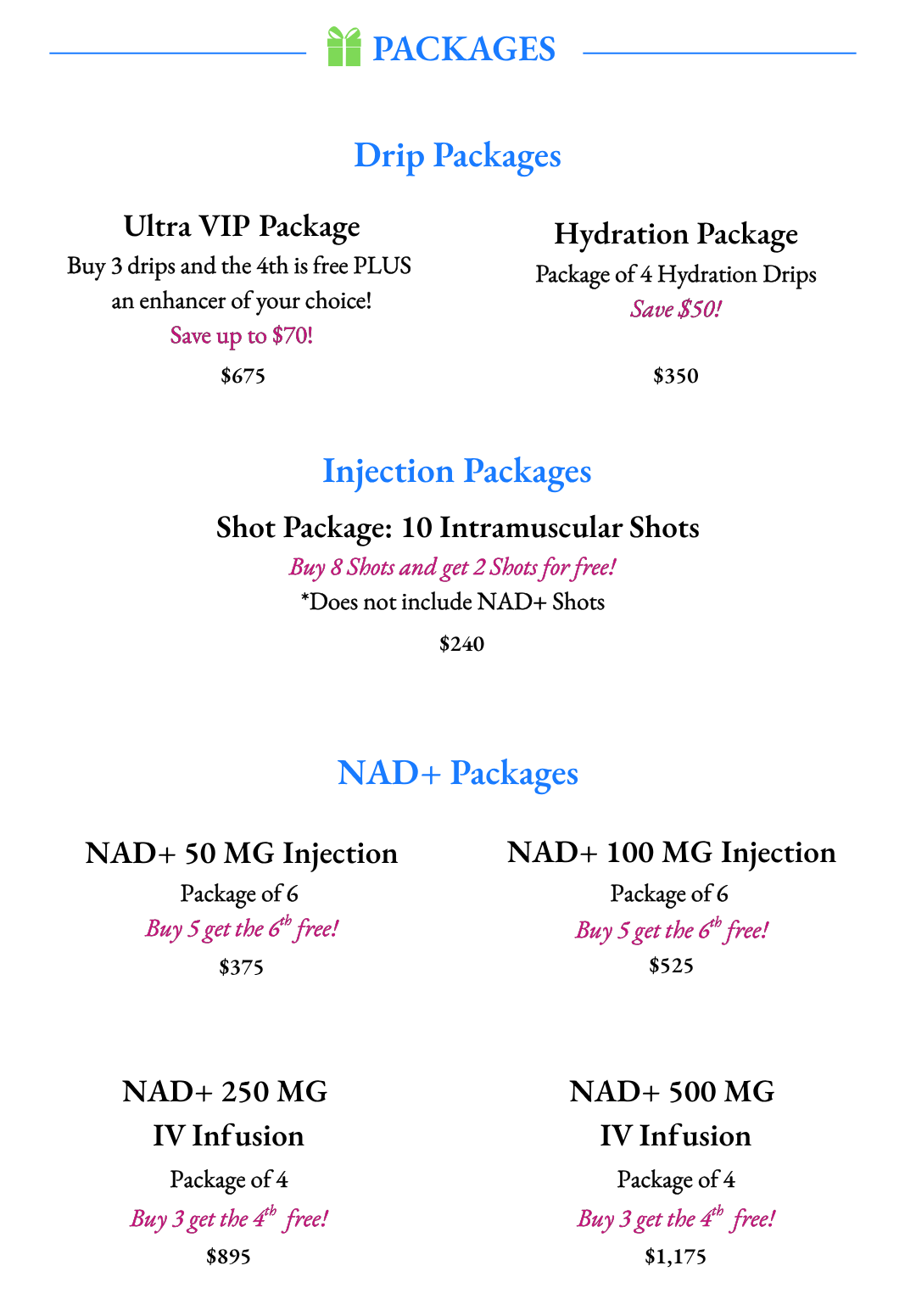 Destiny Drip Bar Packages: Ultra VIP Package, Hydration Package, Shot Package: 10 IM Shots, NAD+ IV Infusion Packages, NAD+ IM Shot Packages