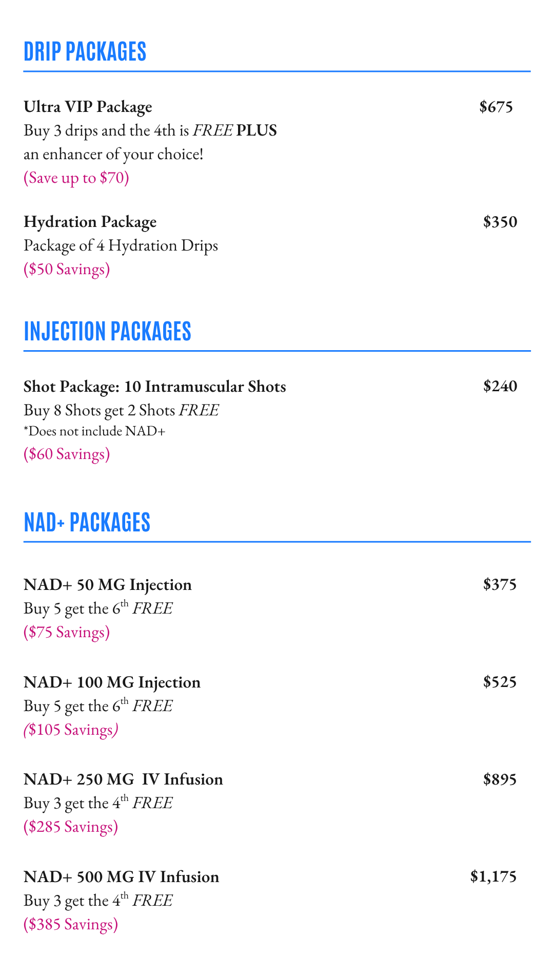 Drip Packages at Destiny Drip Bar, Intramuscular Injection Shot Packages, NAD+ Shot Packages, NAD+ IV Infusion Packages