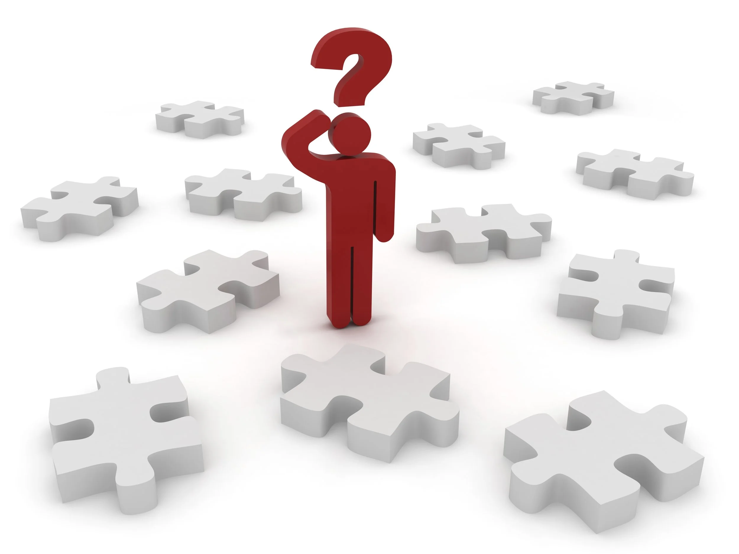 3d stick figure standing with puzzle pieces around with question mark over head