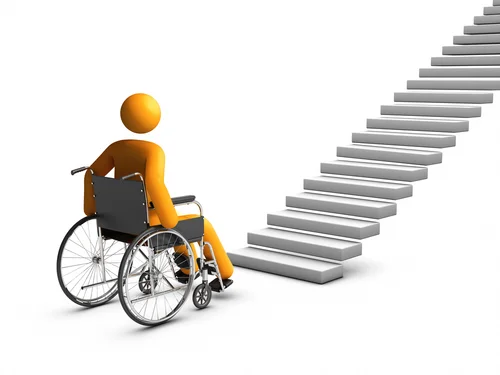 3d stick figure in wheelchair at bottom of a flight of stairs
