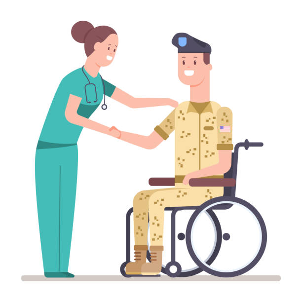 Nurse in green scrubs helping man in military uniform in wheelchair