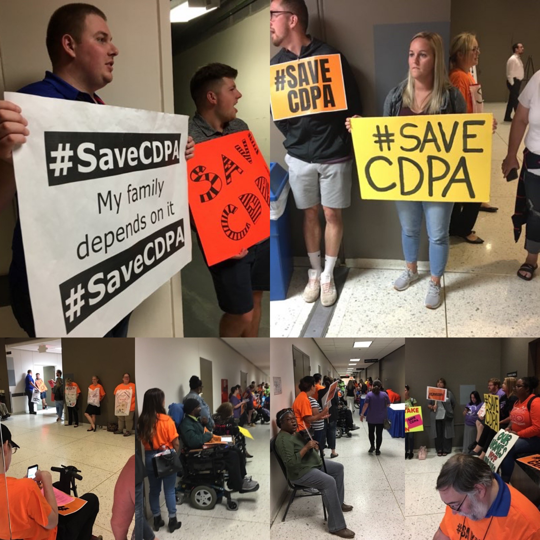 Collage of four photos of protesters with disabilities carrying signs to save cdpa