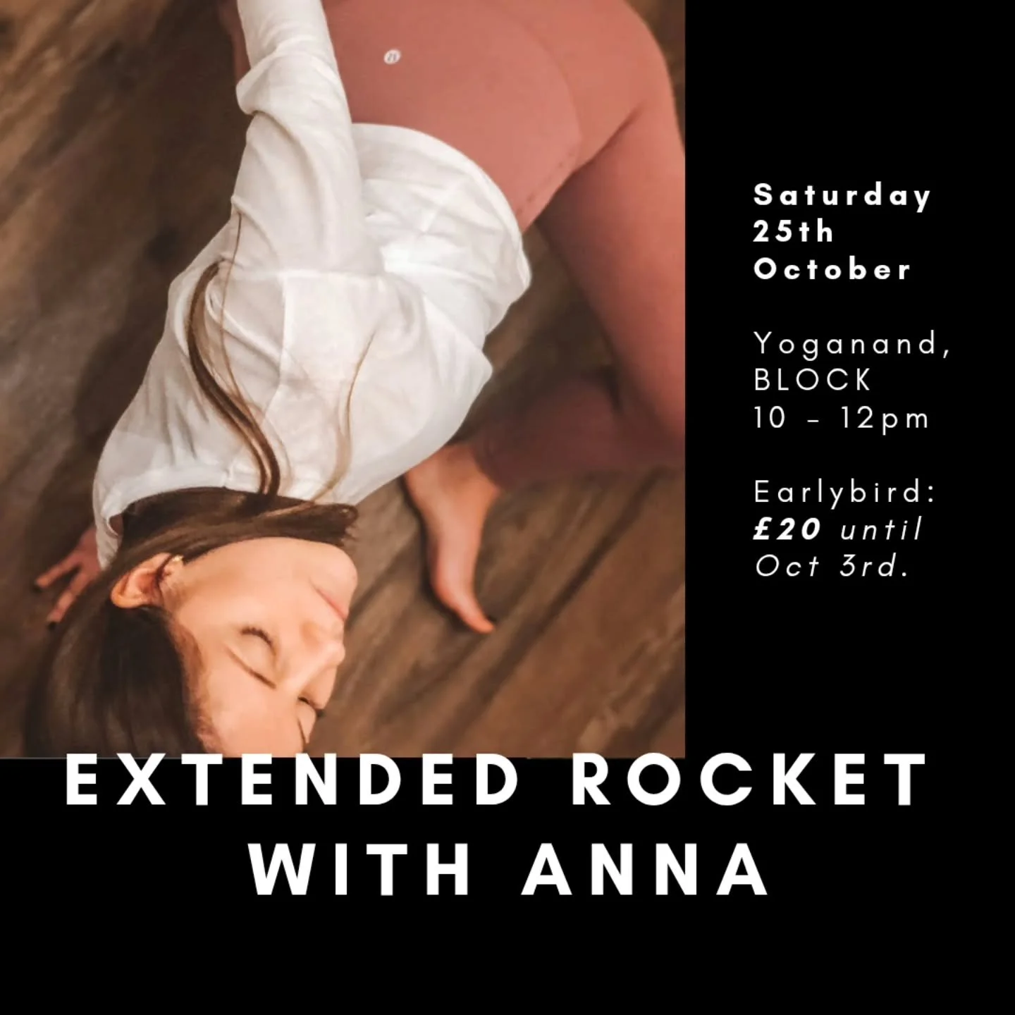 2 HOUR ROCKET YOGA 🚀 
@annahaskellthomas 
Saturday 25th October 10-12
£20 or 2 class credits 
Join Anna for a 2 hour extended Rocket practice at Yoganand, Block! 
Tap into your inner fire and float to new heights with our Rocket Yoga Extende