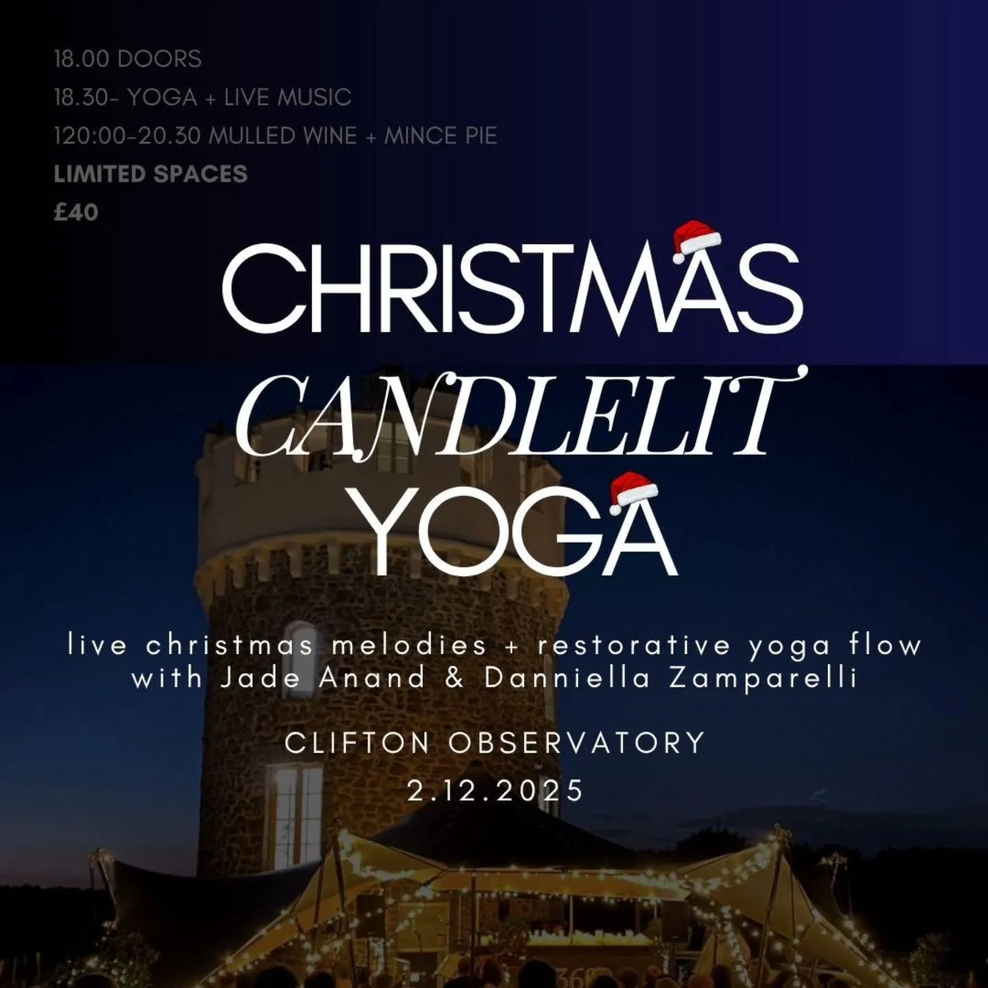 CHRISTMAS CANDLELIT YOGA @cliftonobservatory
2.12.25

Tickets go live Wed 5th Nov at 10am (link in bio)

Unwind with restoring candlelit yoga &amp; live Christmas vocals at Clifton Observatory
Join us for a magical, candlelit evening at Clifton Obser
