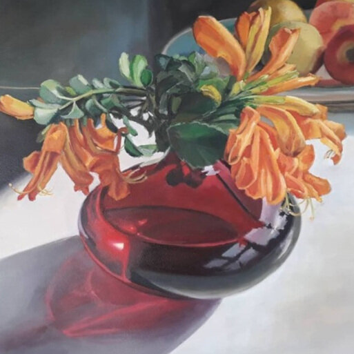 Red vase with Cape honeysuckle