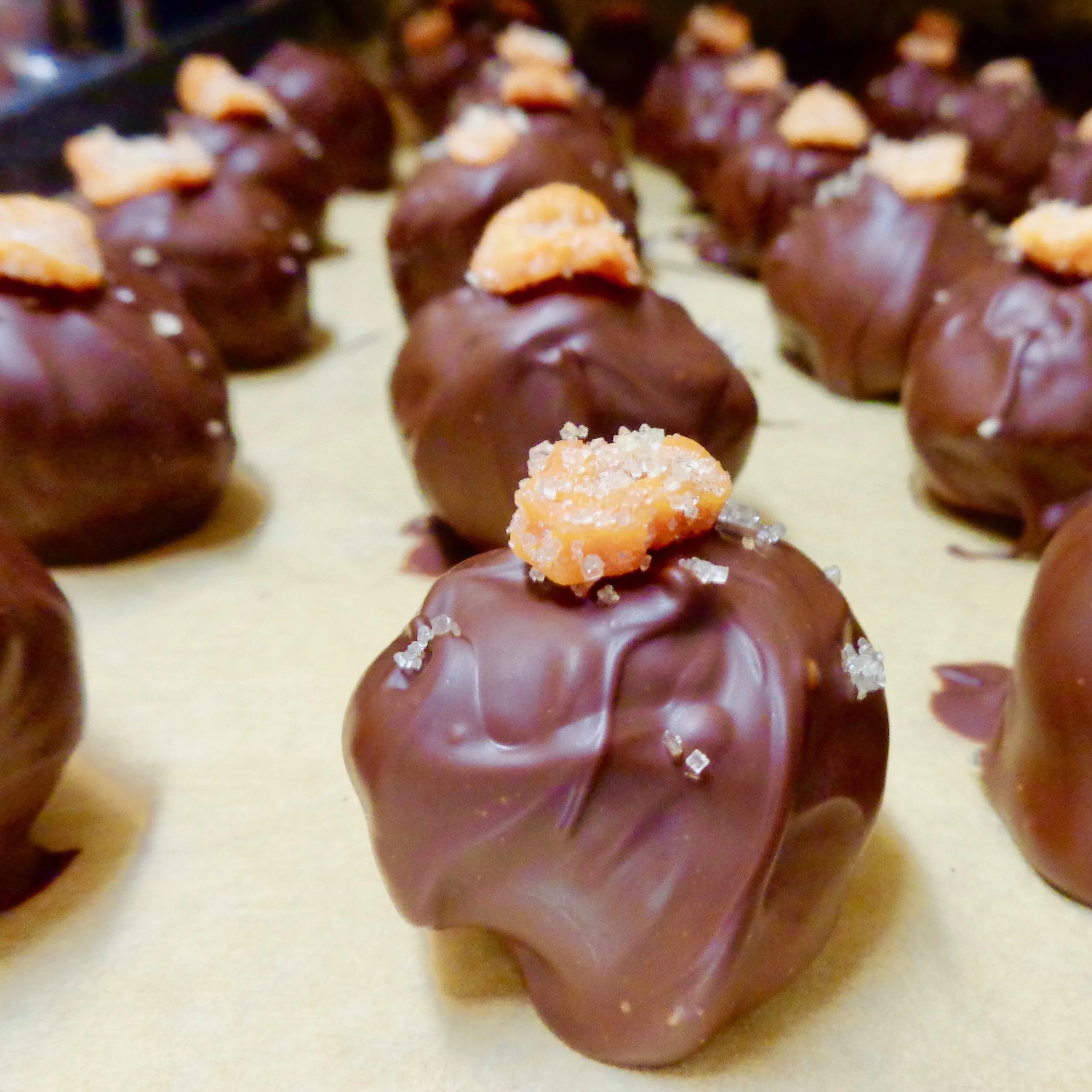 Hand-rolled dark chocolate spiced pumpkin truffle with a piece of candied carrot atop.