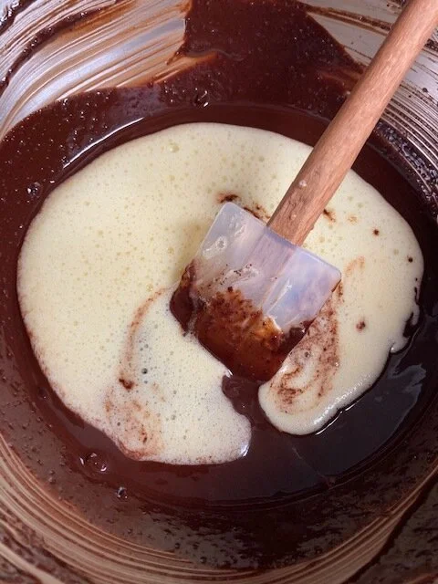 4. Here’s the magic. I love this part. You are adding the egg/sugar mixture to the chocolate/butter mixture. It gets all swirly and textury and psychedelic.