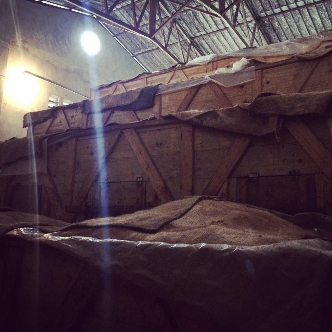  The large wooden boxes that hold the wet cacao that is fermented at least 3 days. The boxes are layered like steps. 