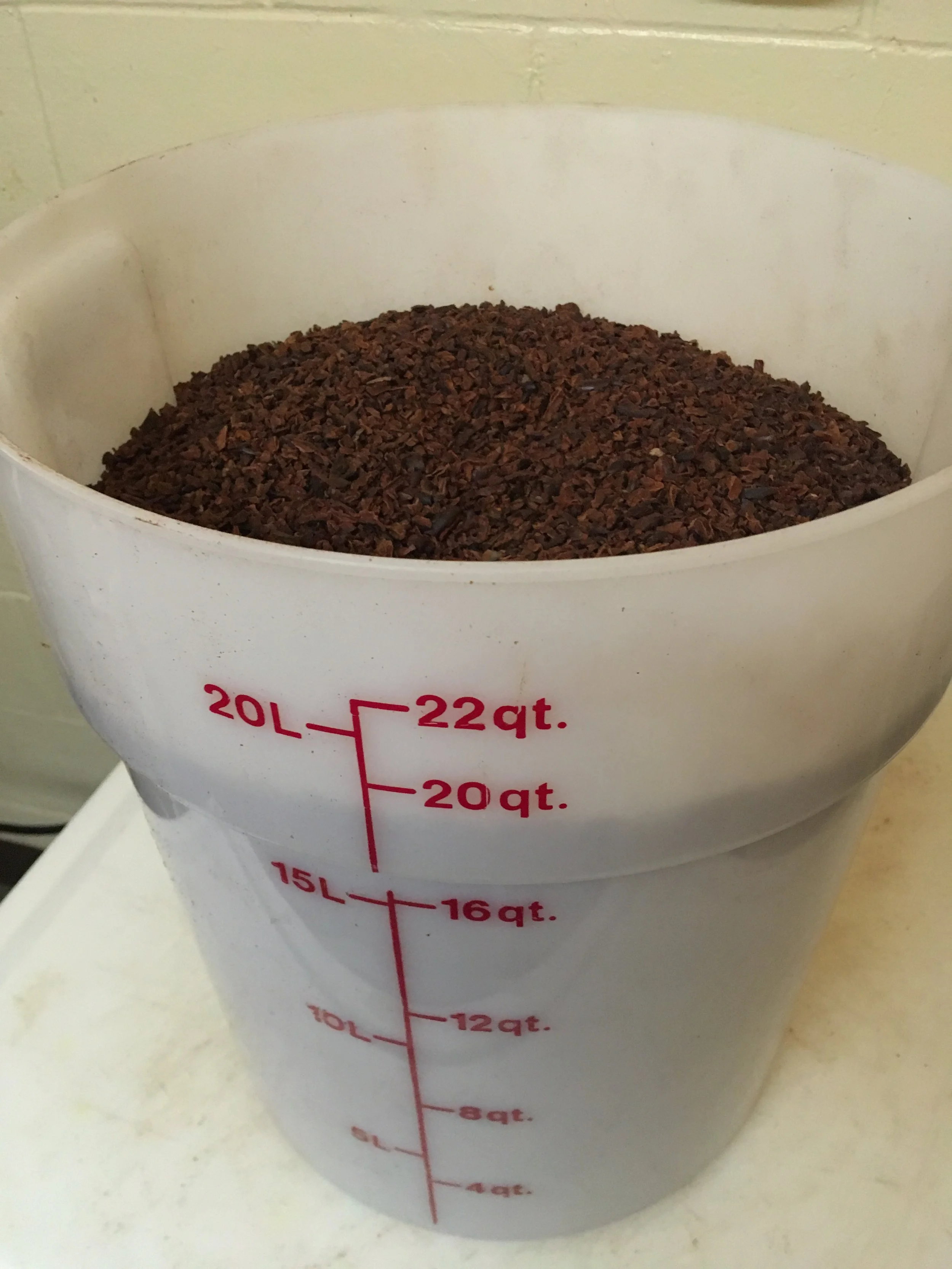  Cambro container with 20 quarts of winnowed, roasted cocoa nibs. 