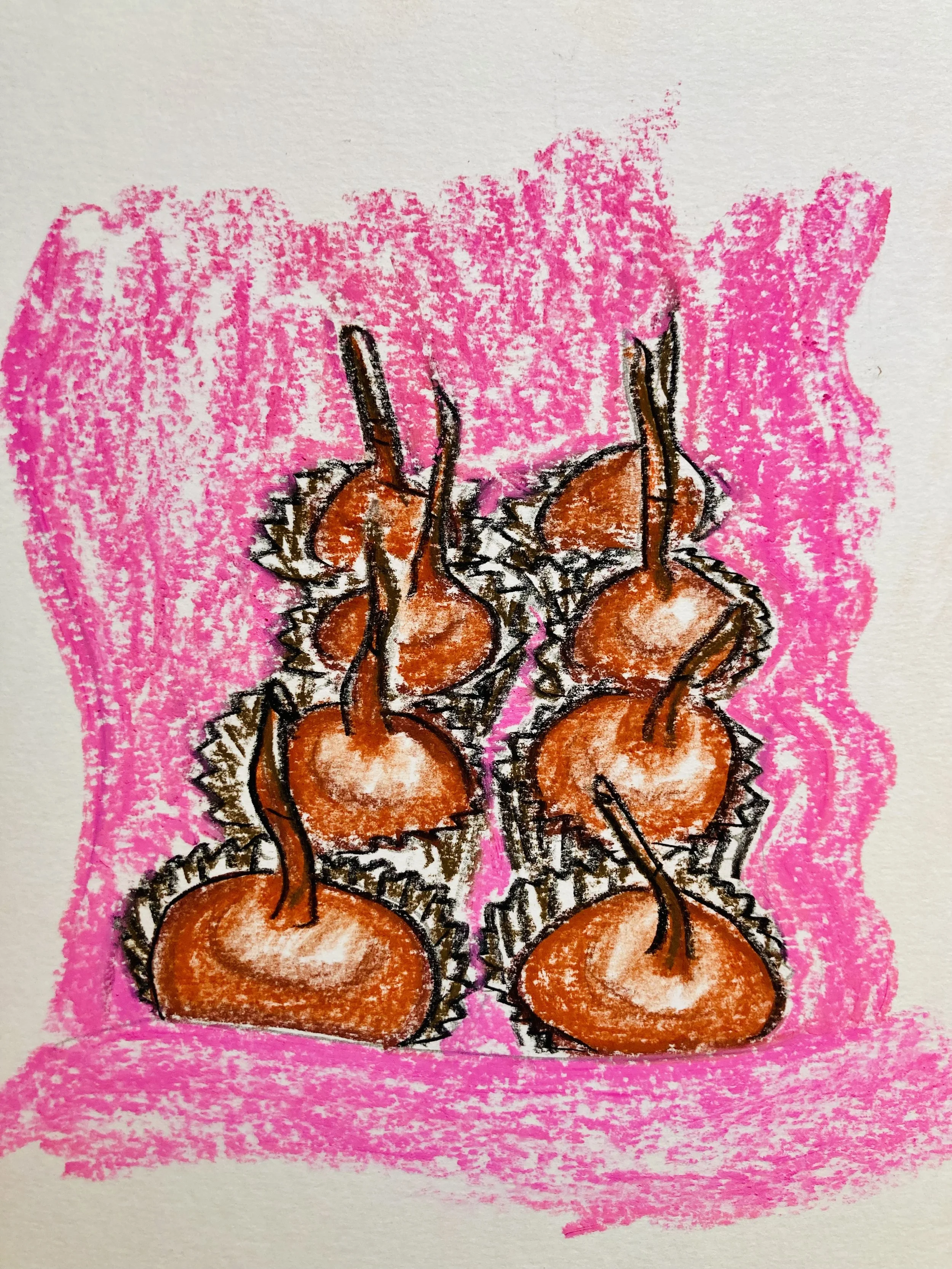 Hand-drawn image of eight chocolate-covered cherry cordials lined up in two rows.