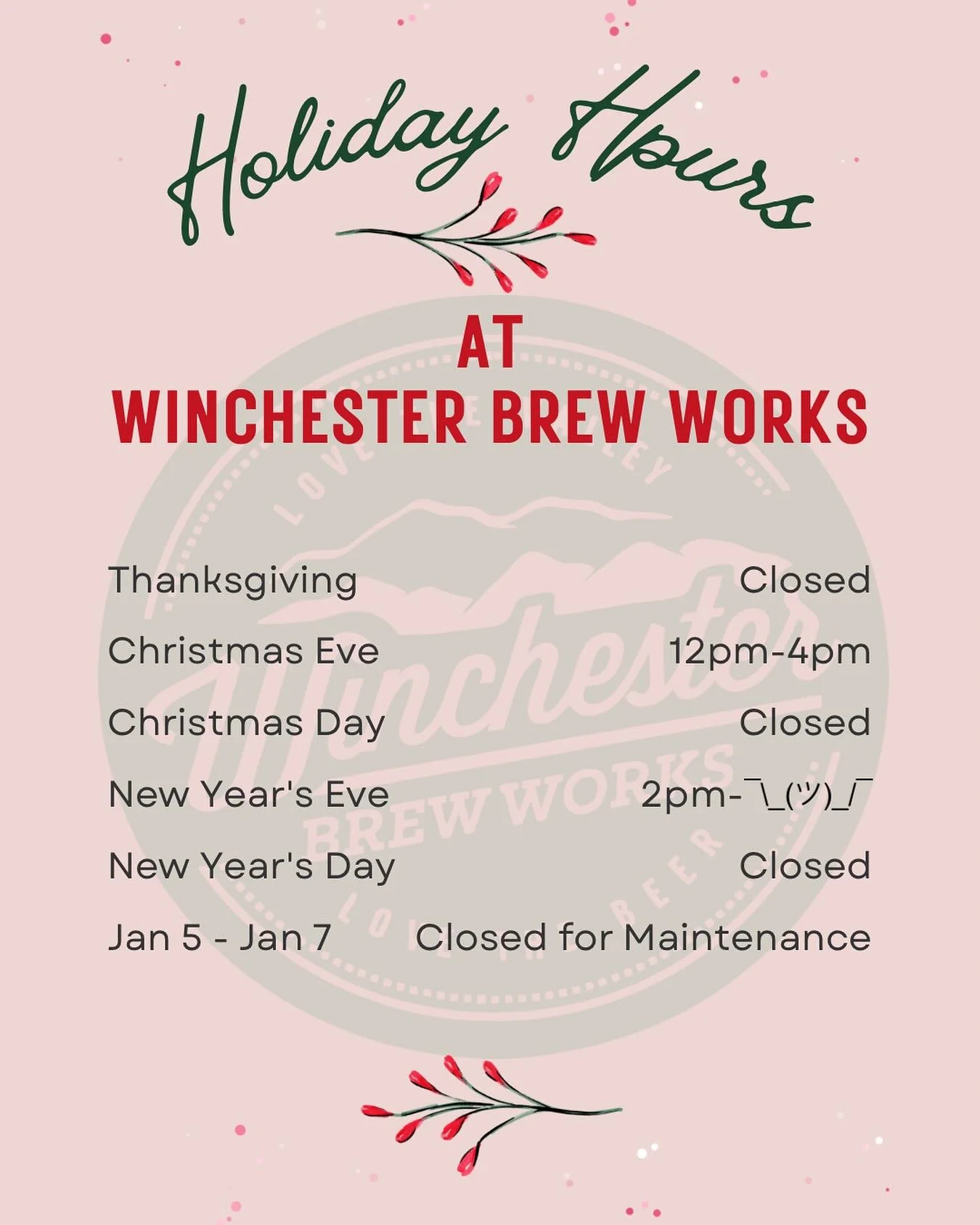 Wow, guys, we can&rsquo;t believe it&rsquo;s already time to post our holiday hours! 

On Christmas Eve we will be open early for all your last minute Christmas gifts: gift cards, merch, to go beer, hop hiker memberships, etc

NYE we are planning on 