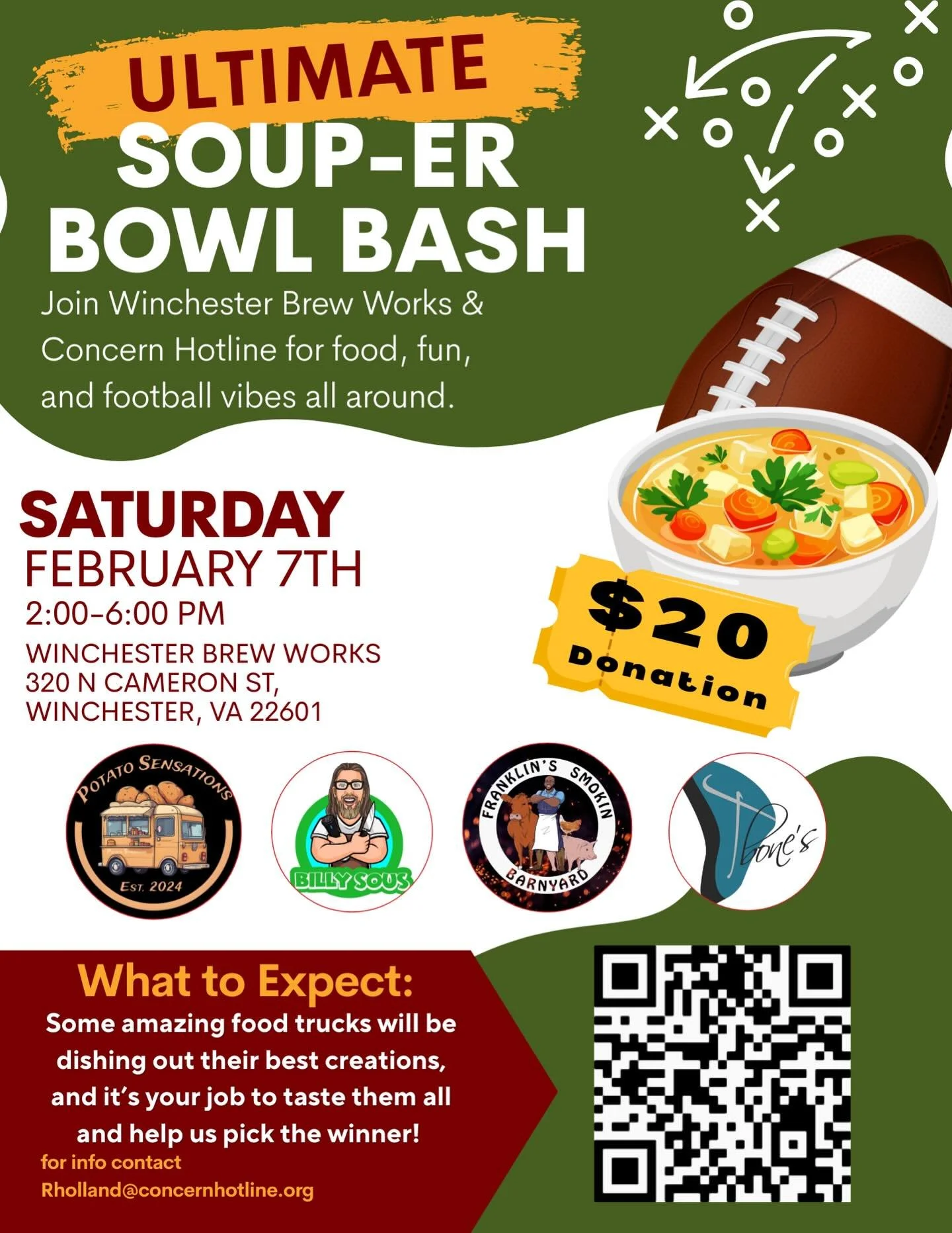 🏈🍲 LESS THAN 1 WEEK TO GO! 🍲🏈

There&rsquo;s just ONE WEEK left until Concern Hotline&rsquo;s Ultimate Soup-er Bowl Bash at Winchester Brew Works! Join us Saturday, February 7th from 2&ndash;6 PM for incredible soups and community fun &mdash; all