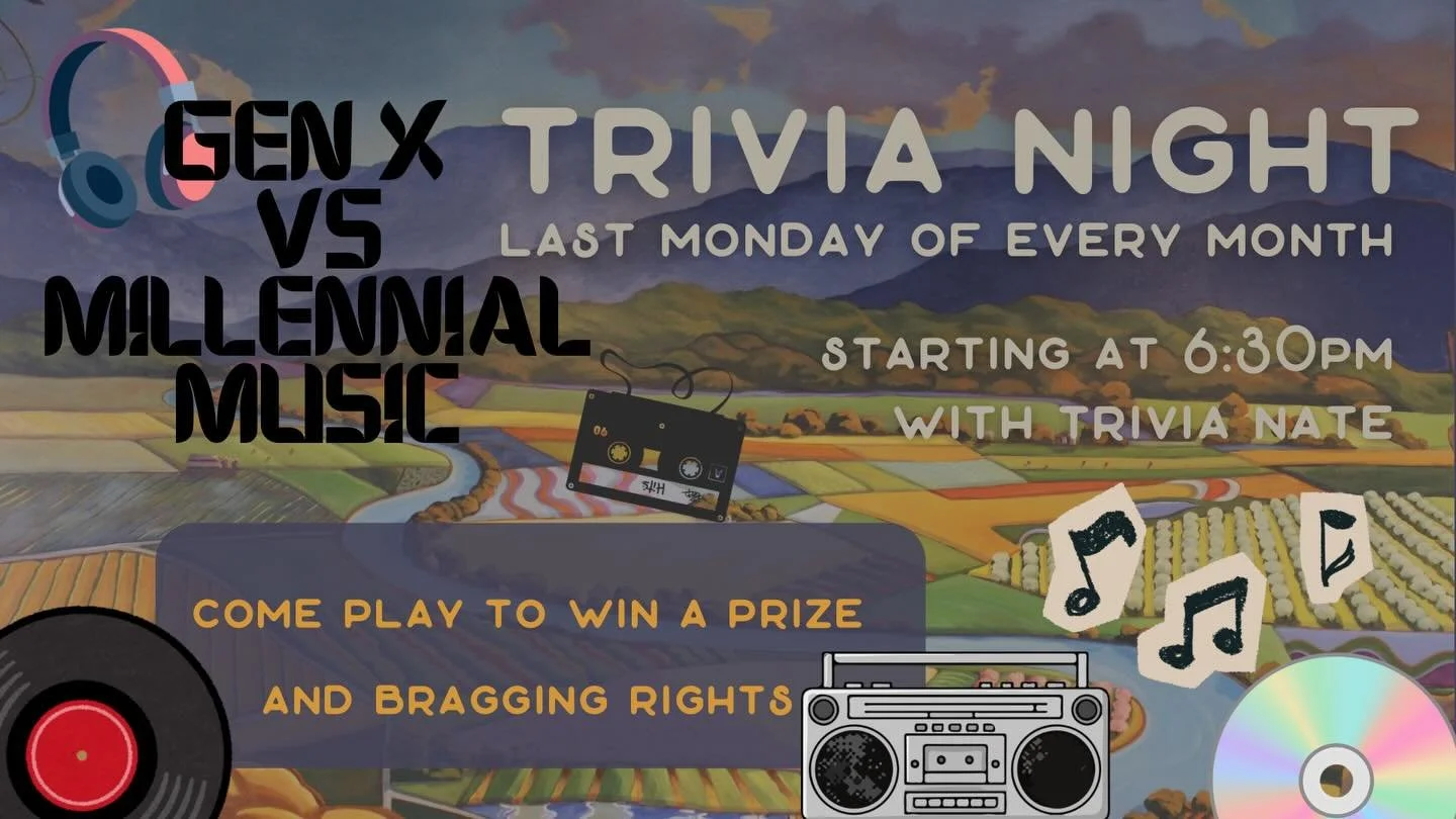 It&rsquo;s Gen X vs Millennial MUSIC trivia in the taproom tonight! Battle it out to see which generation knows their music! 

Grab some dinner beforehand or order in to the brewery, have a pint, and test your music knowledge! Trivia starts at 6:30pm