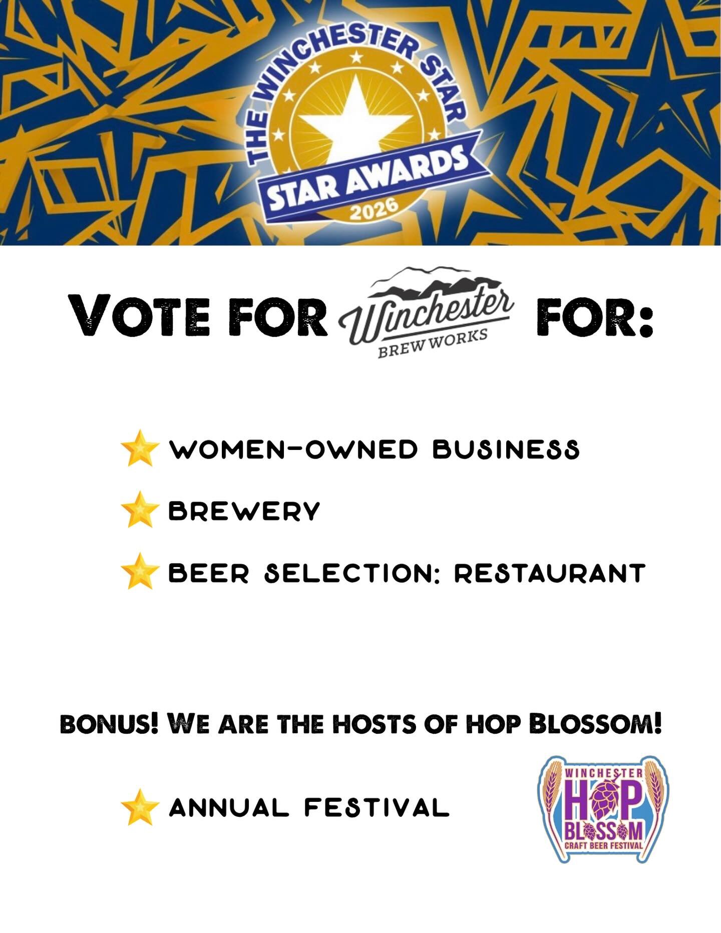 It&rsquo;s time for the Winchester Star Awards once again! Make sure to vote for us for the 3 categories we were nominated for, plus our bonus category since we&rsquo;re the hosts of Hop Blossom! 

⭐️ Woman Owned Business
https://ogden.revfluent.com/