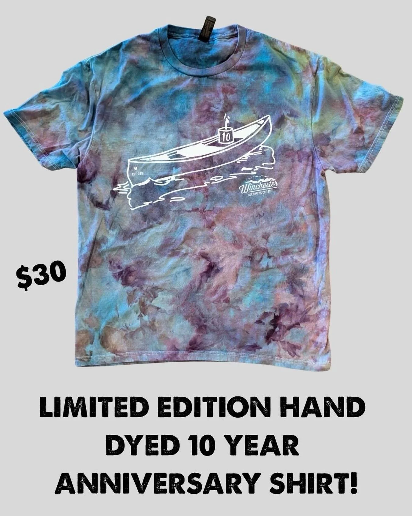 Breaking news! In advance of our TEN YEAR ANNIVERSARY happening next Saturday May 16, we did one of our favorite things&hellip;ice dyed like a million shirts. We brought back our one year anniversary design for this one! We have a limited quantity in