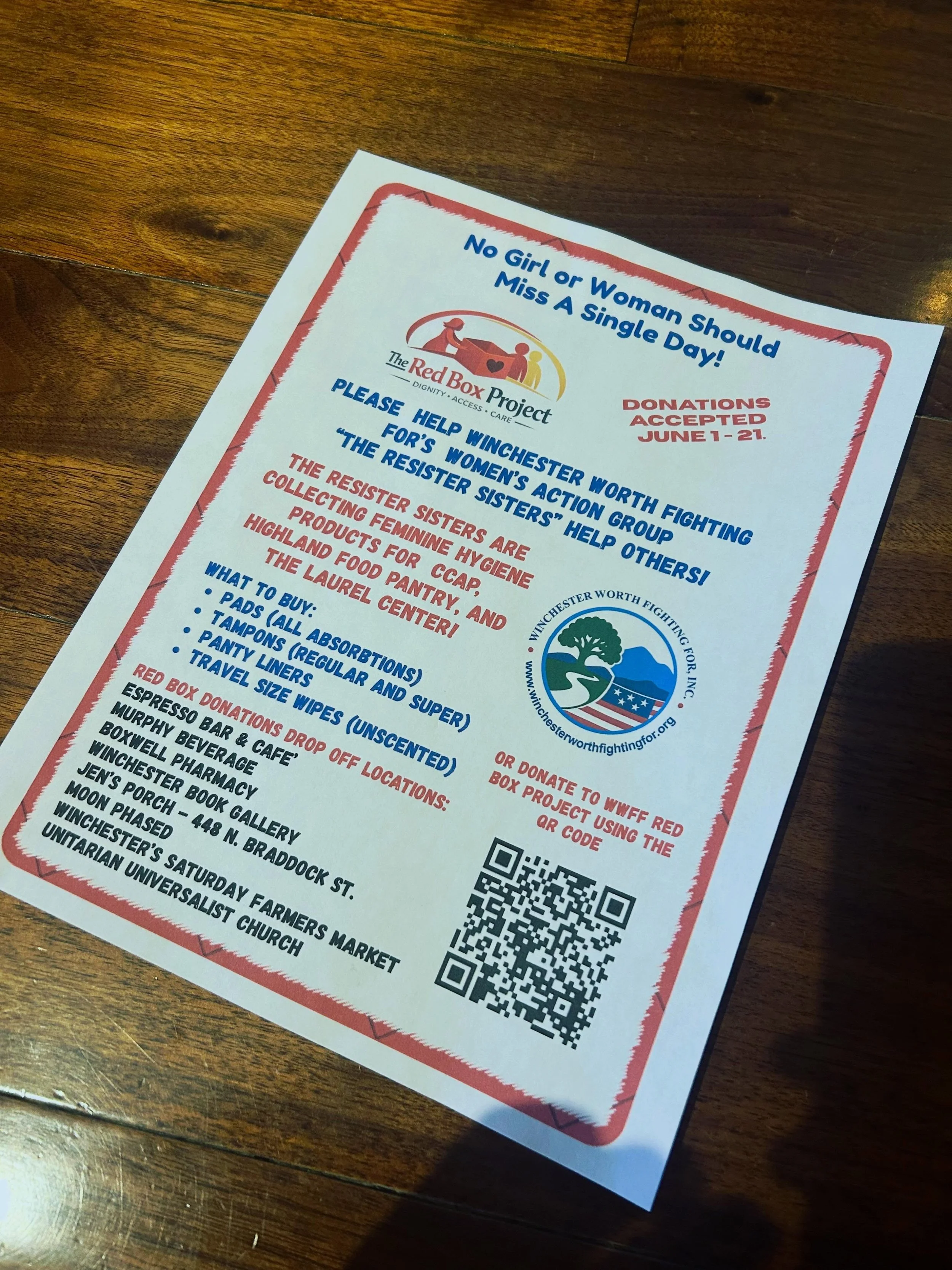 Now accepting donations for The Red Box Project and Winchester Worth Fighting For! The Resister Sisters are collecting feminine hygiene products for CCAP, Highland Food Pantry, and The Laurel Center! We will be accepting donations from now until June
