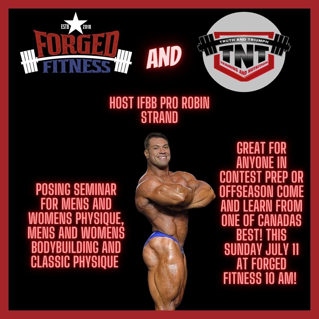 Forged fitness and Tnt training and nutrition will be hosting a posing seminar with @strandstrong ifbb pro Robin Strand fresh off his 8th place finish at the Puerto Rico pro show. Open to the first 20 people free of charge so please dm to reserve you