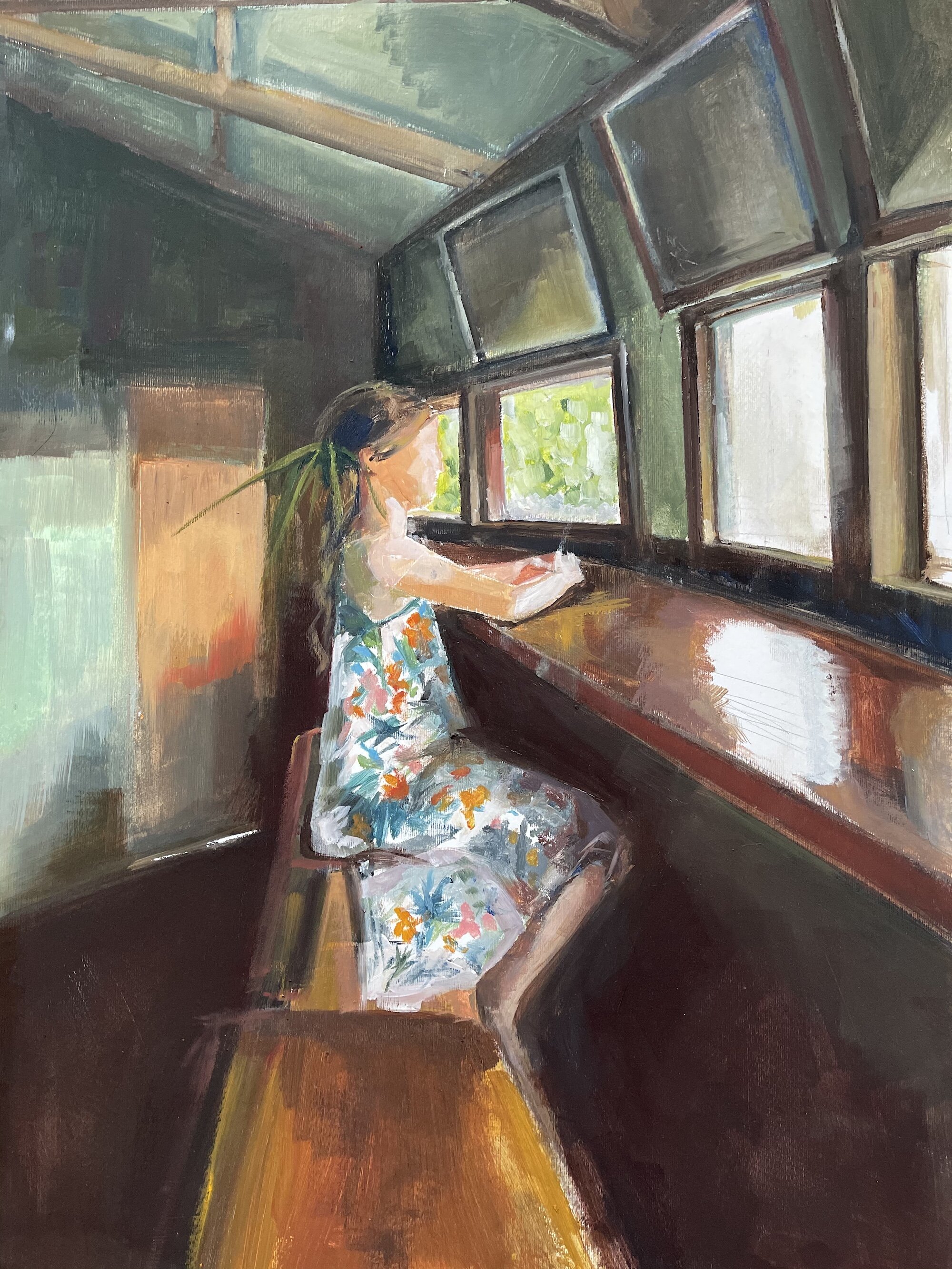 Girl Birdwatching, Oil on Paper, 70x35cm