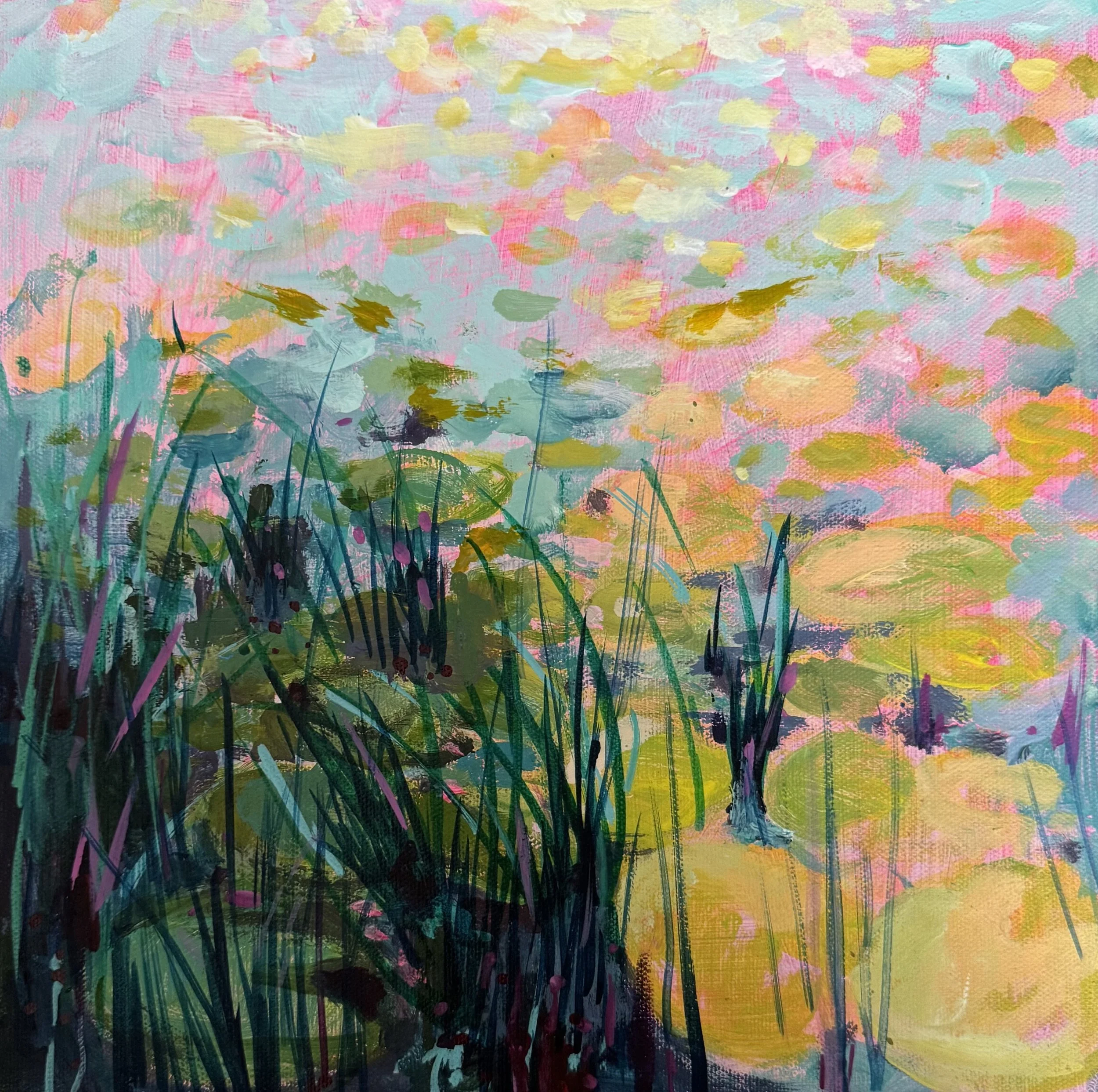 Summer lilies, Acrylic and ink on canvas board, 30x30cm