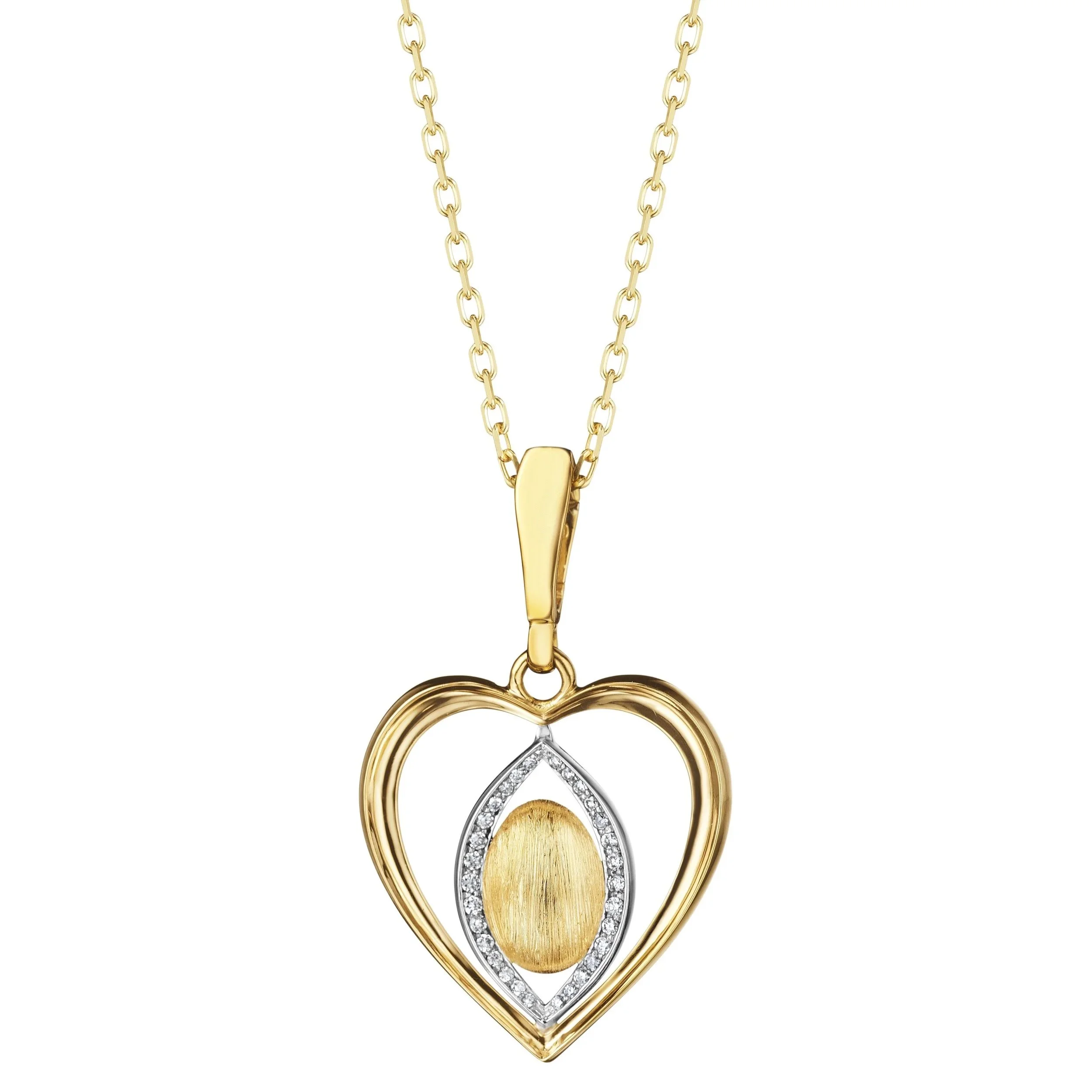 18K yellow gold Prosperity Heart Pendant by NAONES featuring a platinum vesica piscis set with VS1 pave´diamonds and rigato-engraved gold egg at the center, suspended on an adjustable gold chain.