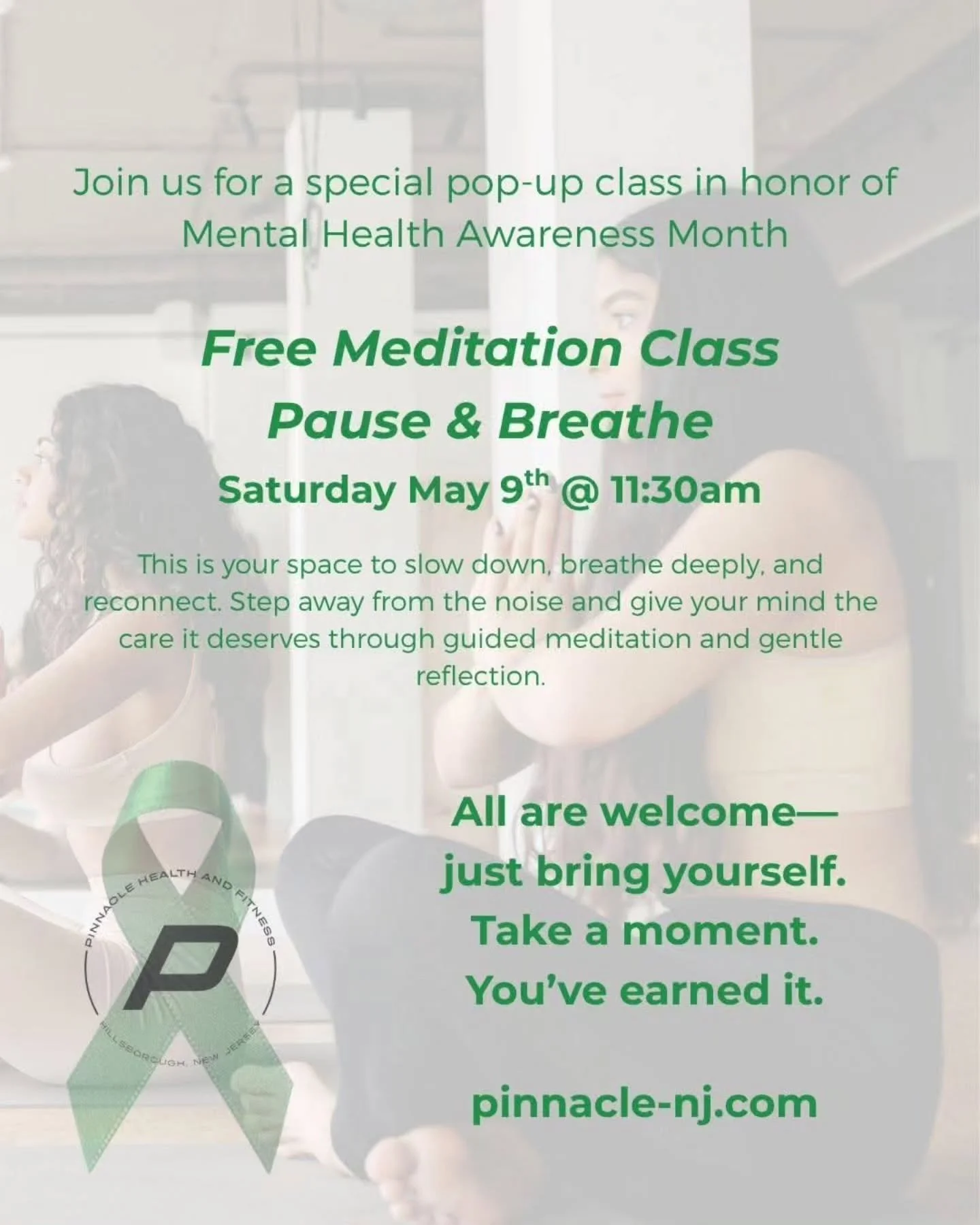 Come connect, unwind, and recharge with us at our free community #meditation class!
In celebration of Mental Health Awareness Month, we&rsquo;re holding space for everyone to slow down and be present&mdash;together.
Free- Sign up required via pinnacl