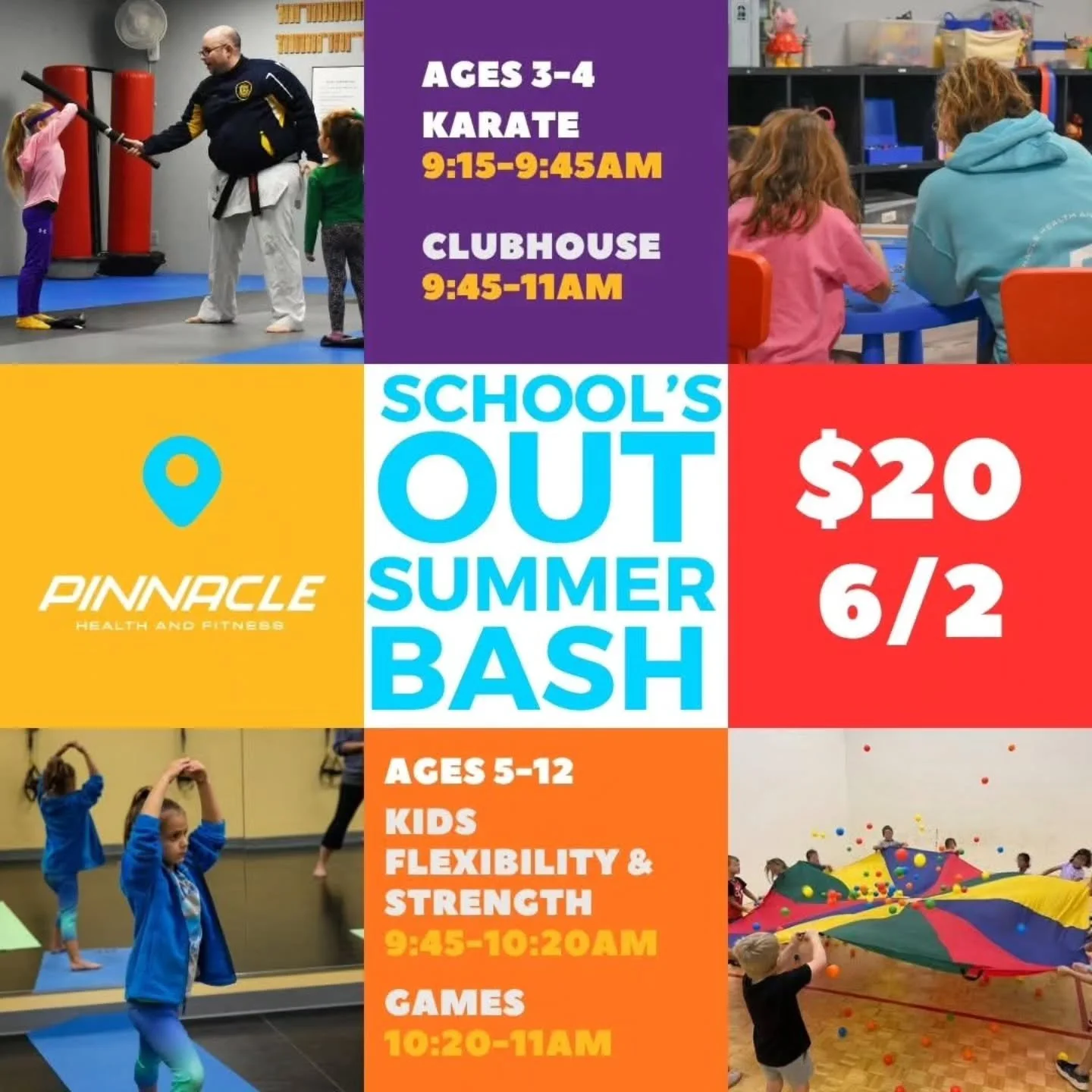 Looking for something fun for the kids on June 2nd? Join us for a morning packed with movement, games, and fitness!
 9:00am&ndash;11:00am
 Drop-off &amp; pickup at Kids Clubhouse
 $20 per child (ages 3+)
 Children 2 &amp; under may stay in KCH for th