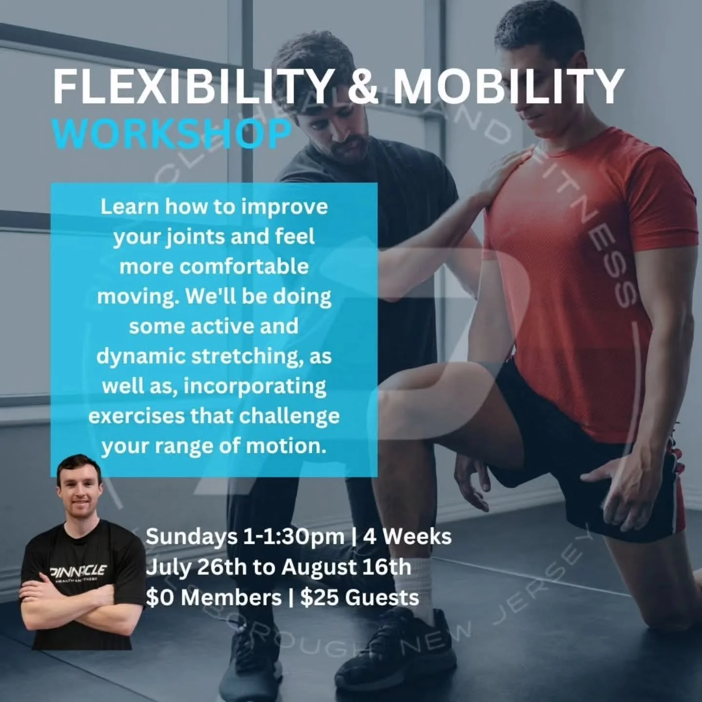 Only 2 Classes Left! 

There's still time to join TJ's Flexibility &amp; Mobility Workshop this summer! 

Whether you're looking to move with less stiffness, improve your range of motion, recover better, or simply feel better in your everyday activit