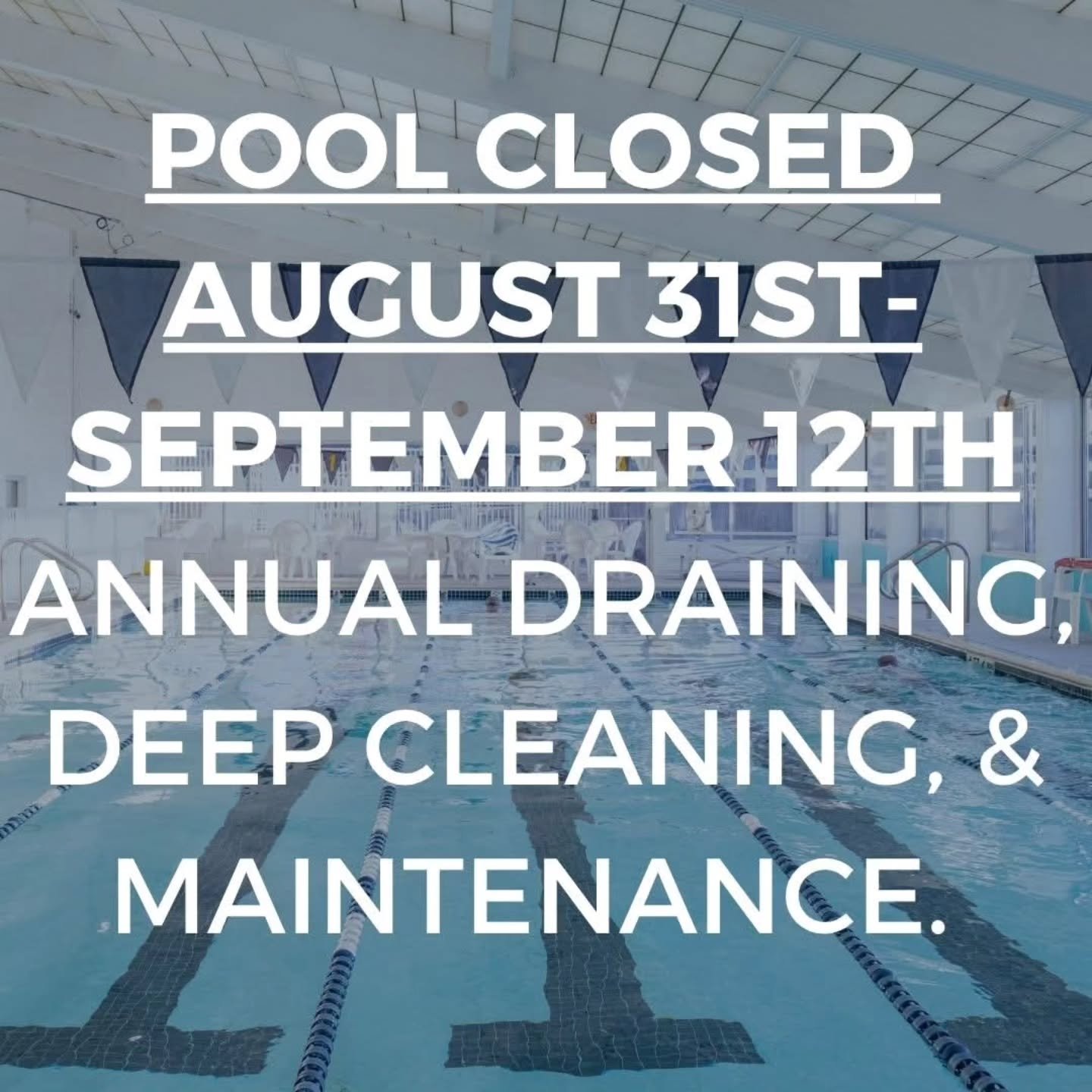 🌊 Our Pool is Getting a Makeover! ✨

To provide an even better swimming experience for our members, our heated indoor saltwater pool will be temporarily closed for Pool Maintenance Week from August 31 &ndash; September 12.

During this time, our tea