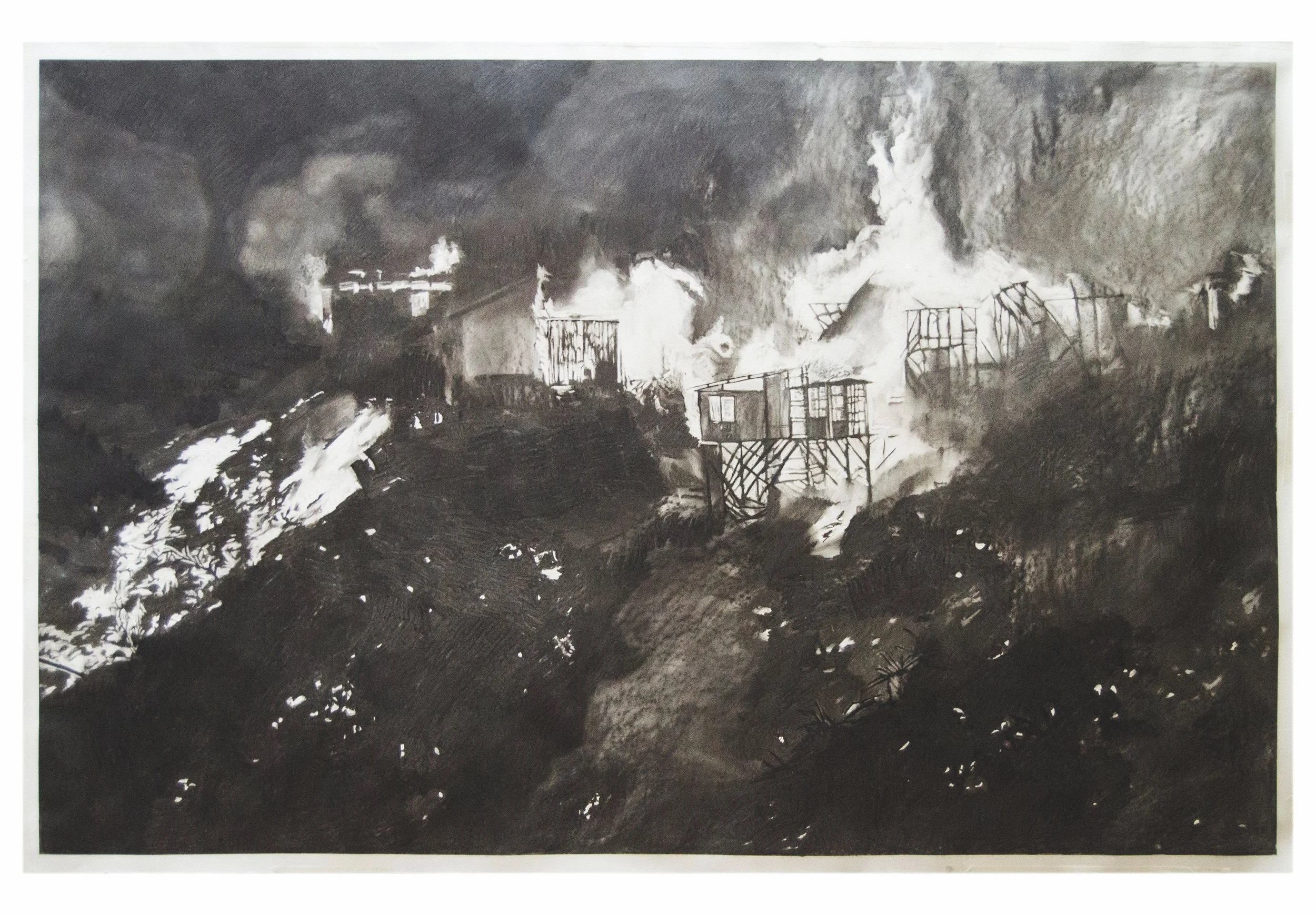 Sebastian Riffo. La noche del 12 de abril. (The Night of April 12) Charcoal on paper, 2014.