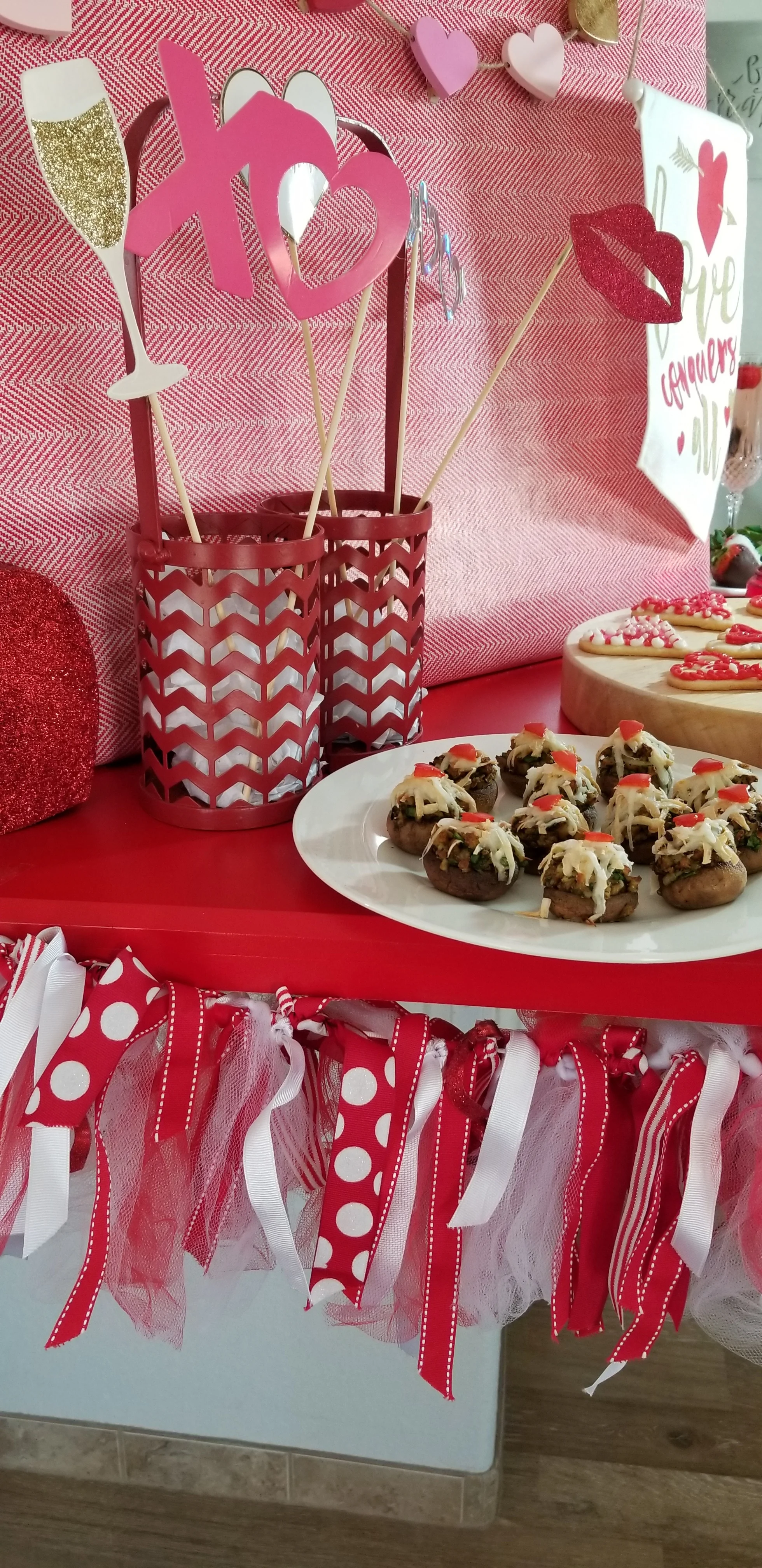 Inexpensive decor from the dollar section at Target and handmade garland using pieces of ribbon tied to a string.
