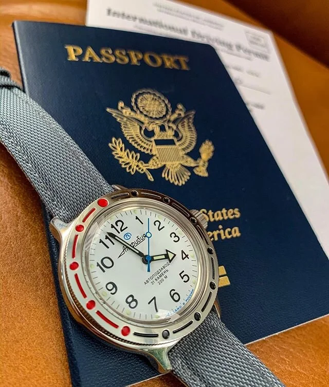 Getting things together for this week&rsquo;s travel, including this little number... only makes sense to wear the #vostokamphibia back to its home turf. Slapped it on a cool #bartonwatchbands Sailcloth strap. Fun times⌚️Feels kinda weird to be leavi