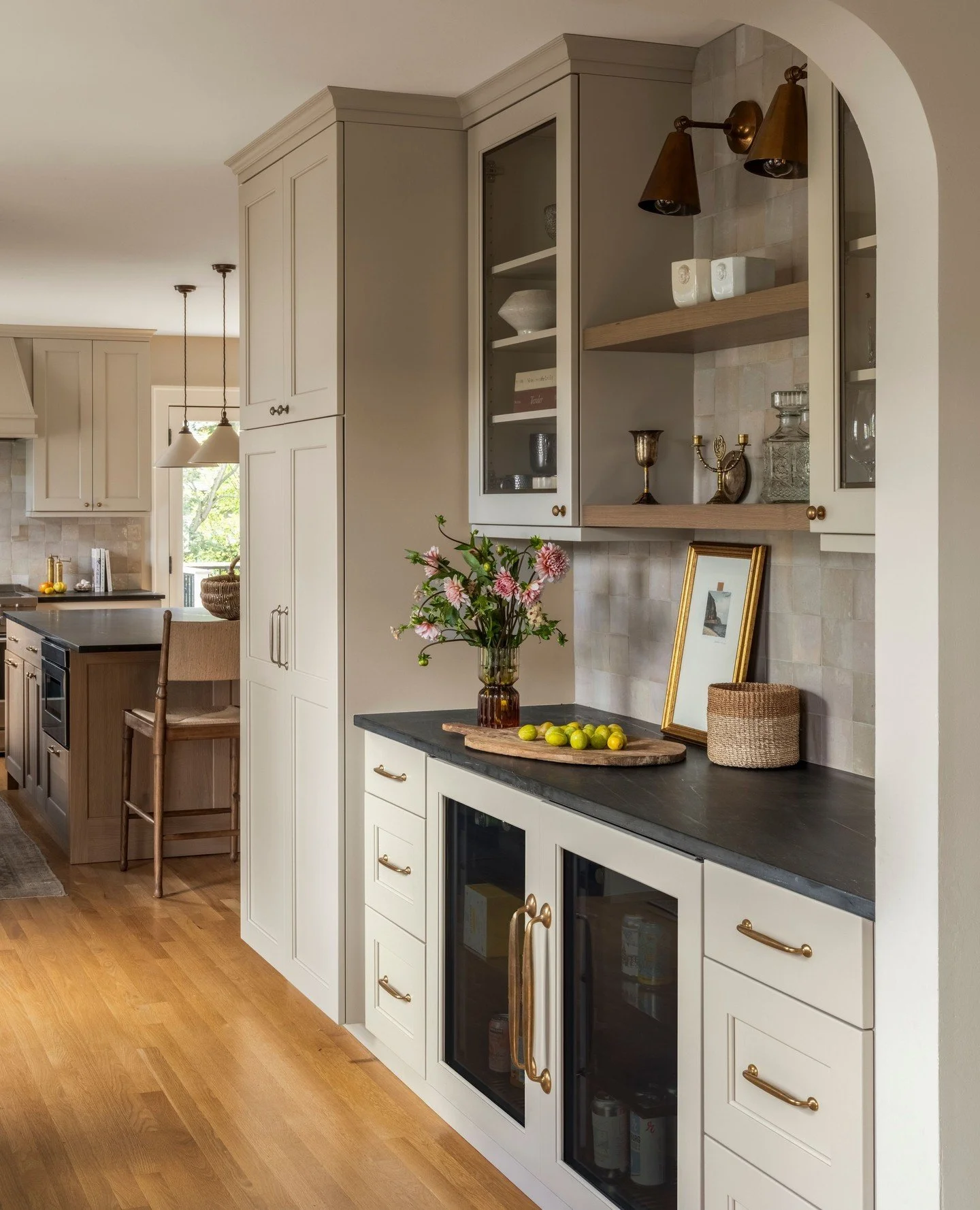 Happy Saturday! Here's to enjoying the weekend! ⁠
⁠
The bar/beverage center at our Green Lake Tudor Project ⁠
⁠
Interior Design | @aminterior_design⁠
Photography | @_karamercer⁠
Florals and Styling | @teressajohnson ⁠
⁠.⁠
.⁠
.⁠
⁠
#AMIDGreenlakeTudorP