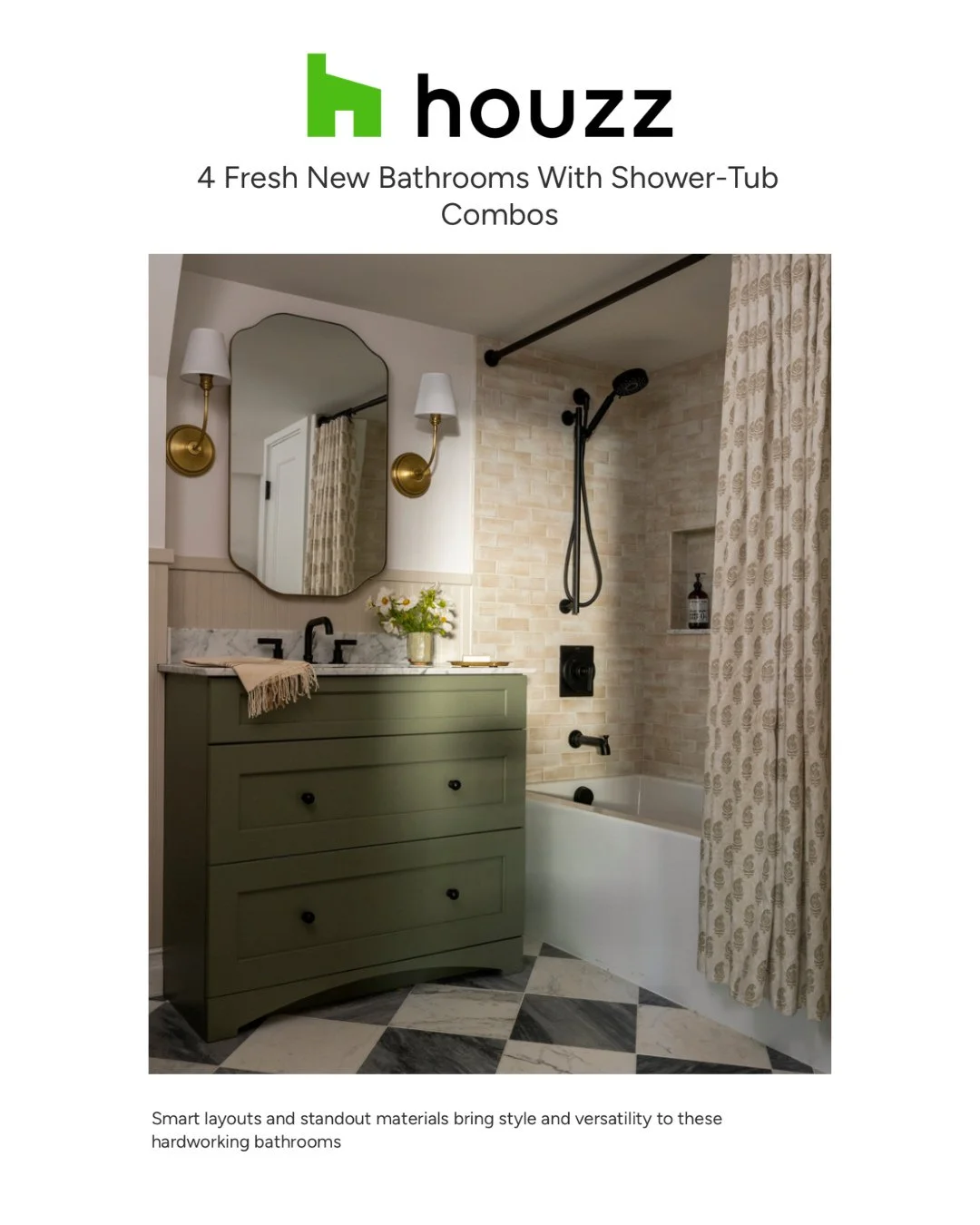 Thrilled to be included in @houzz's latest article, 4 Fresh New Bathrooms With Shower-Tub Combos.⁠
⁠
"The project is a 1920s Tudor-style home, so I wanted to respect the integrity of the architecture of the home and use materials that felt rich 