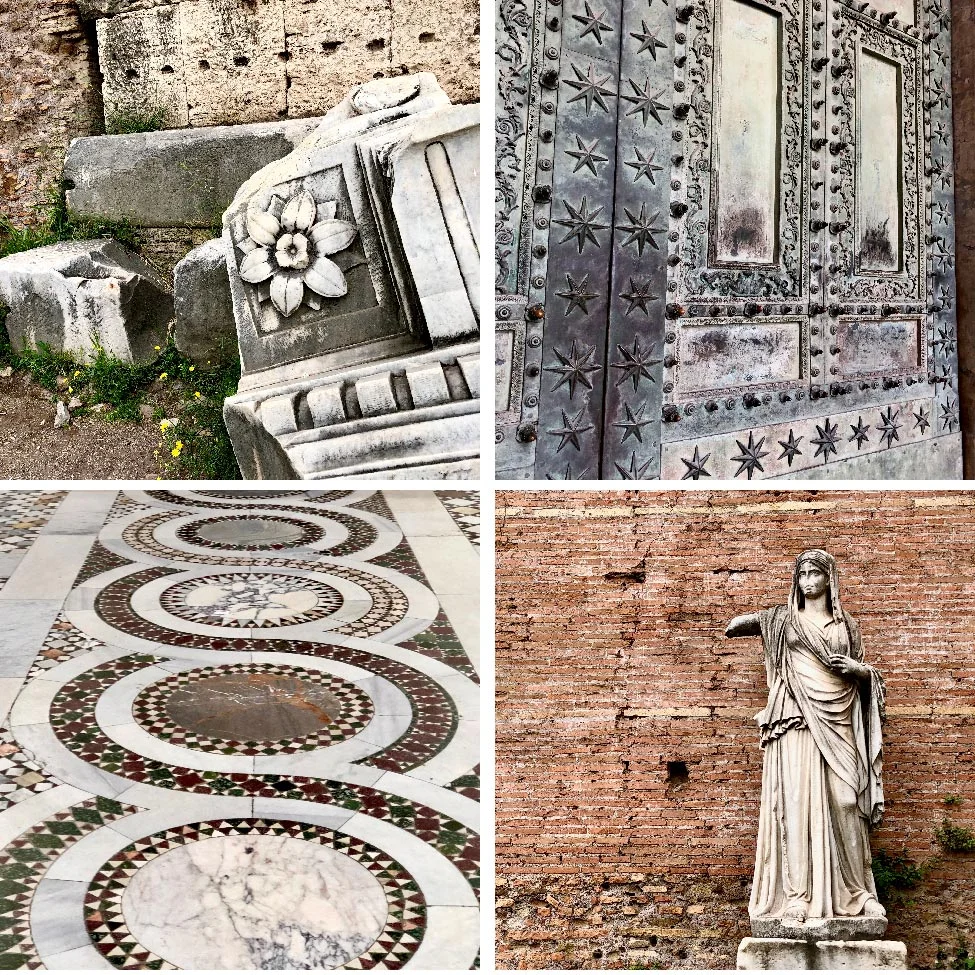 Details from the Roman Forum on Palatine Hill and Archbasilica of St. John Lateran, Rome, Italy and Vatican City