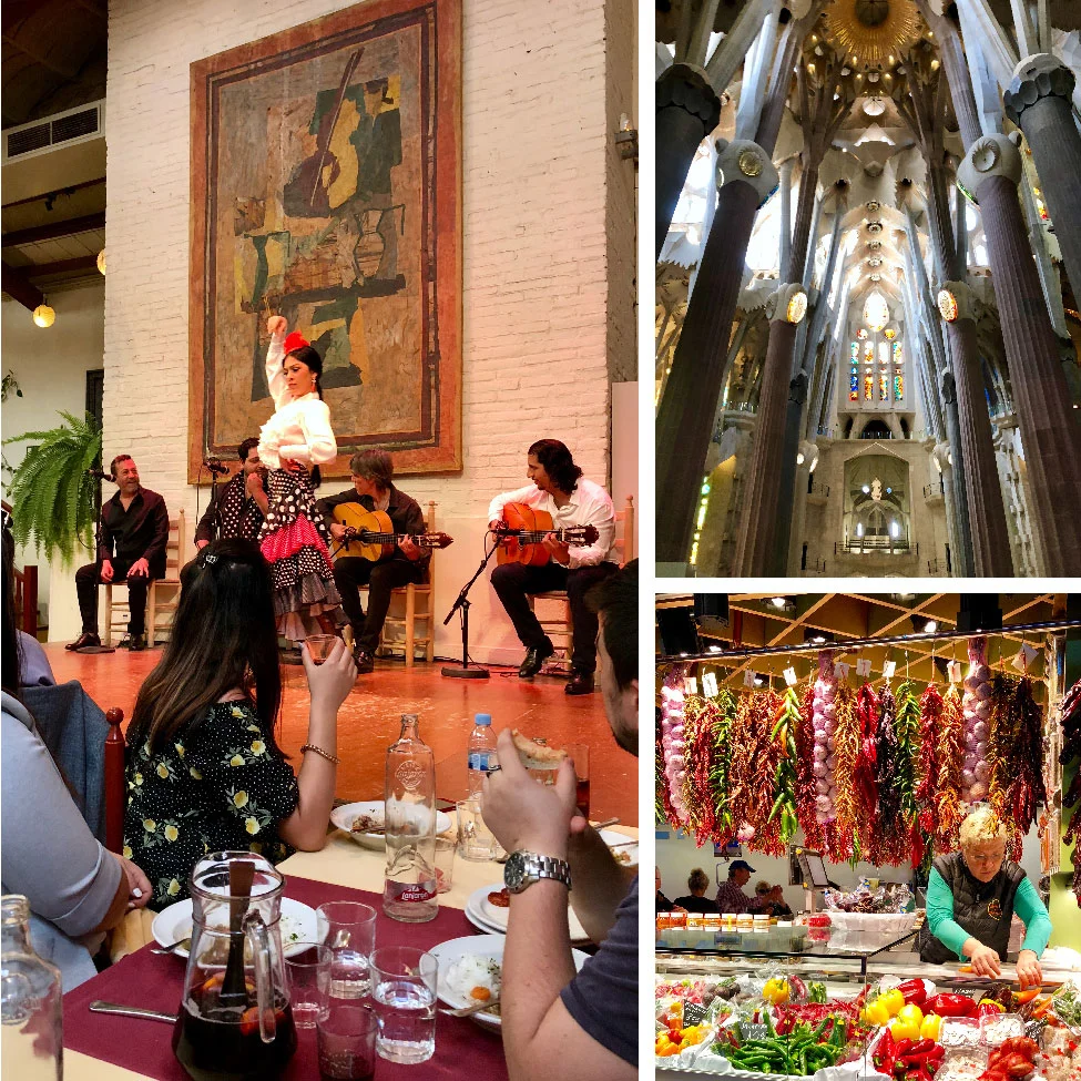 Flamenco dancing, Sagrada Família, and La Boqueria Market, Barcelona, Spain