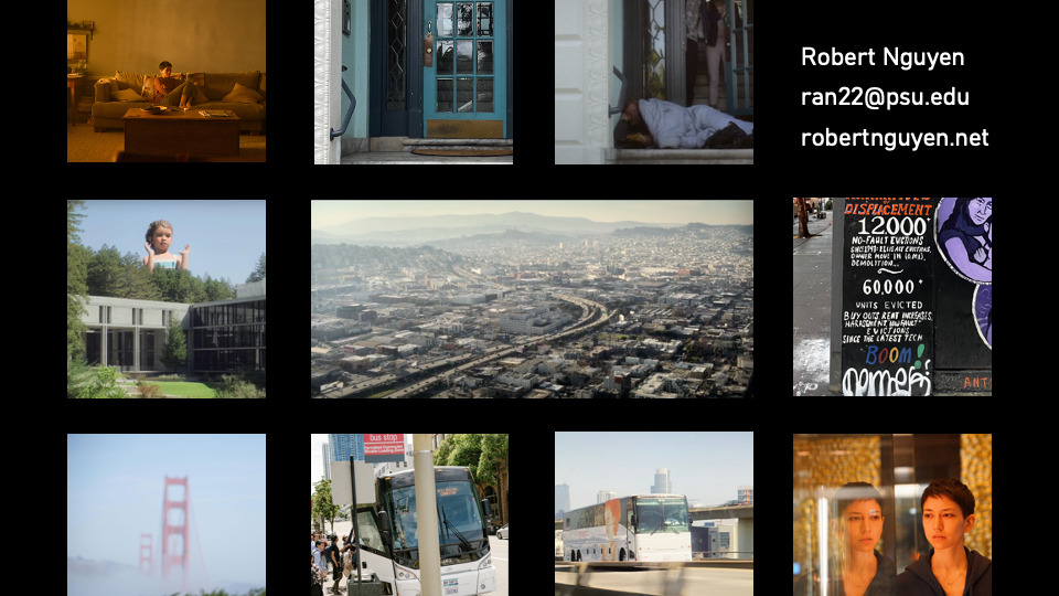 Collage of images from the Devs TV series and real-life photos of San Francisco.