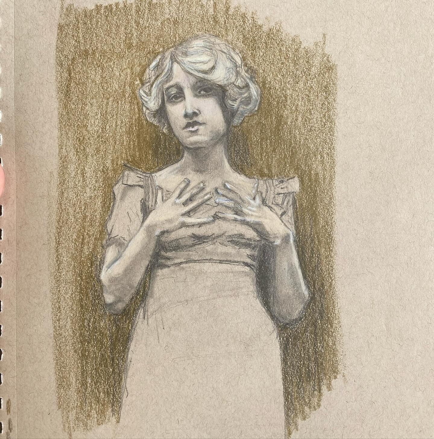Study/sketch with pencils on tan toned paper. 6x10&rdquo;. I took advice passed on by a friend to start with the nose and had much better results with less correction. Trying to move away from using a grid to aid in drawing from life. Almost 2.5 hour