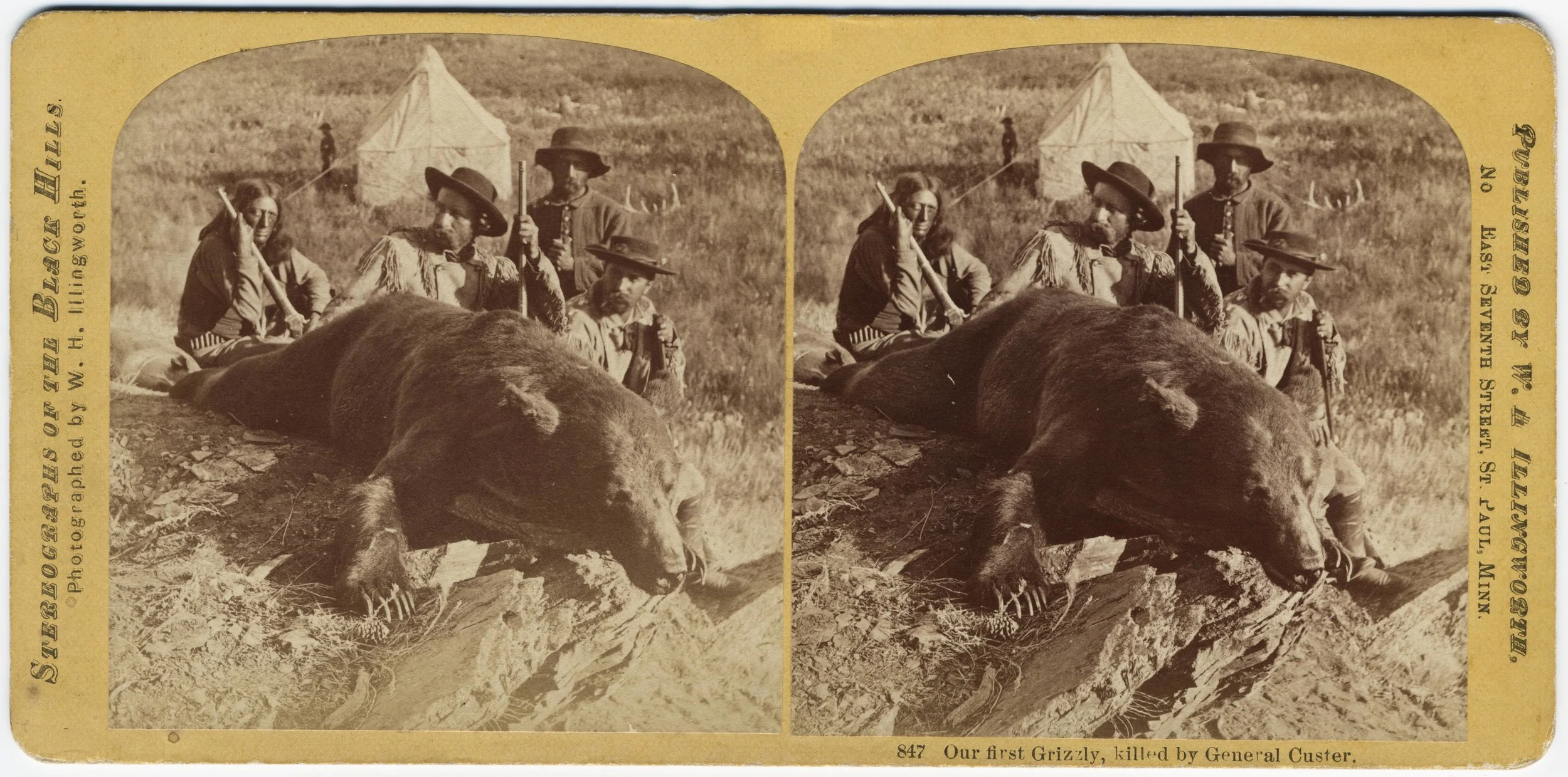 Custer Expedition Stereograph: This expedition into the Black Hills in 1874 began the first documented history of the area. Lt. Col. George A. Custer poses with his first grizzly bear in this William Illingworth photo. See our PastPerfect page to see the whole series of stereographs.